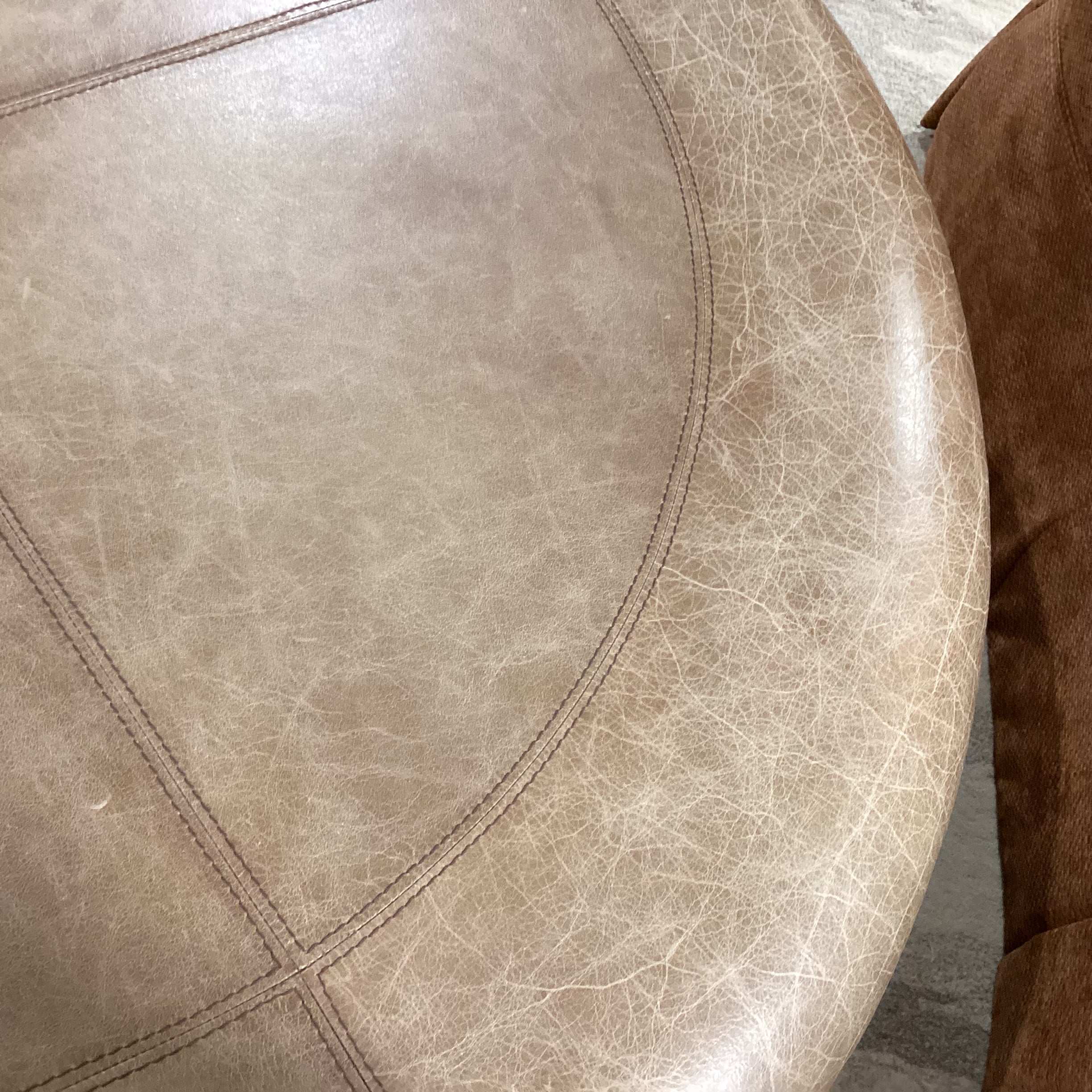 Carved Wood & Distressed Leather Round Ottoman 45" Diameter x 19.5"