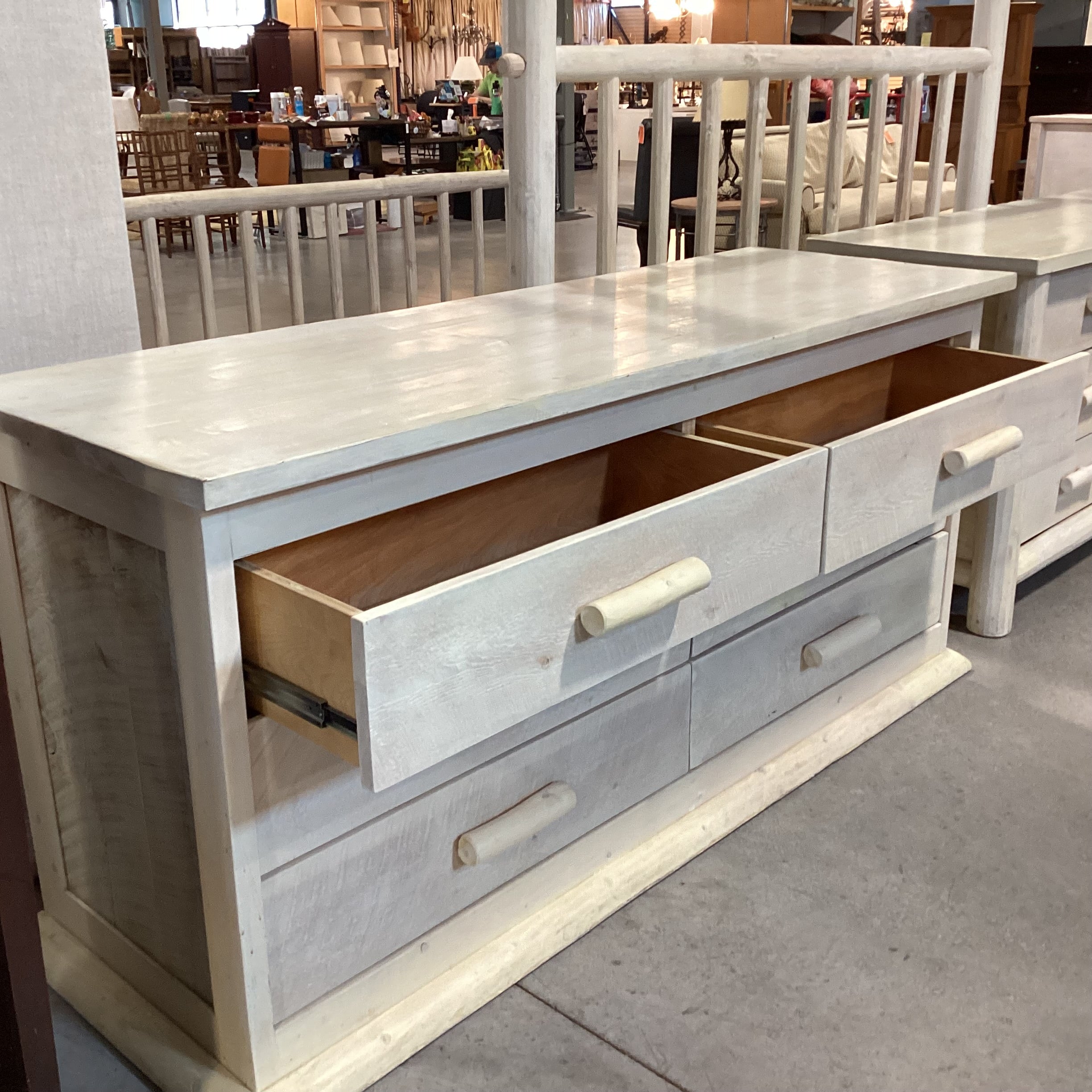 Cream Washed Wood & Log Custom 6 Drawer Dresser 80"x 27"x 37.5"