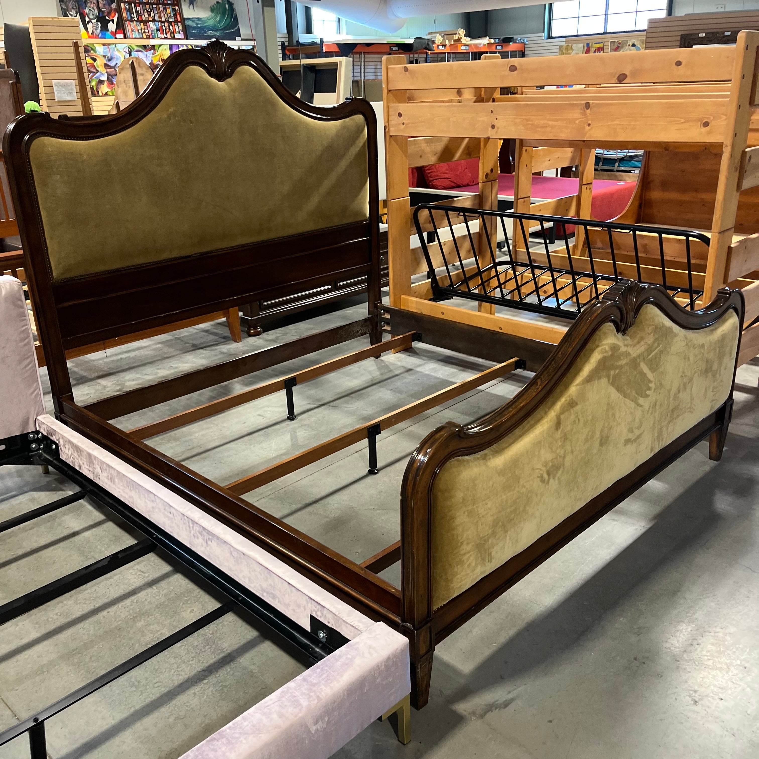 King Solid Wood With Tan Velvet Head and Foot Board and Nail Head Bed Set