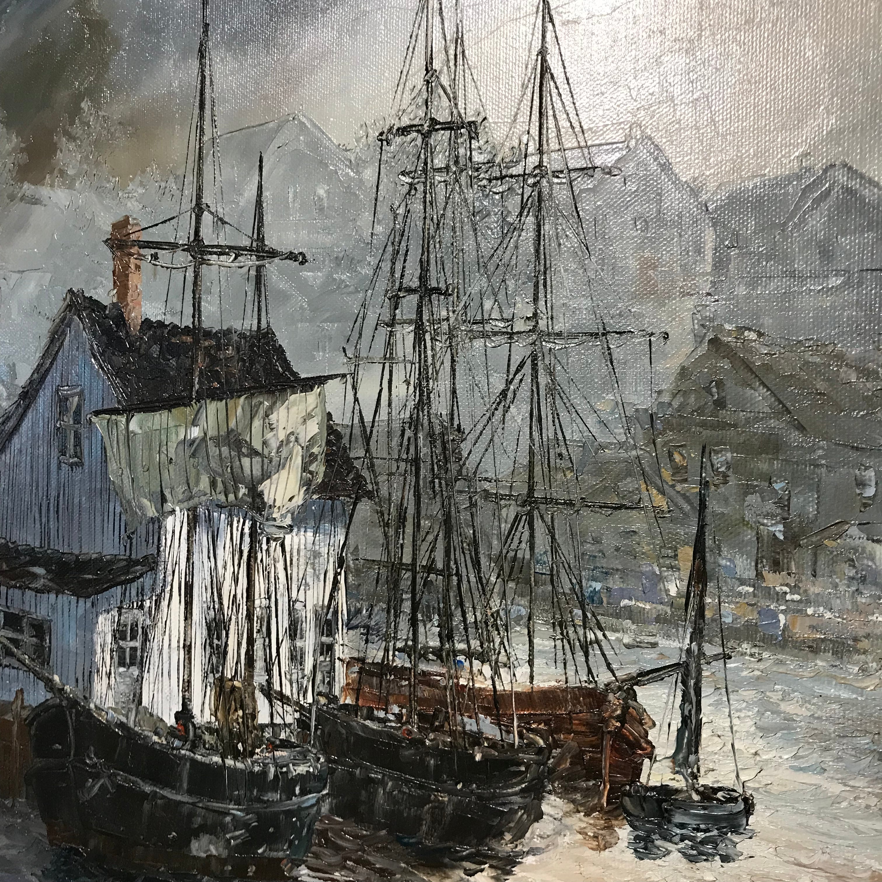 Robert Lebron Original Oil Painting Marina Scene Signed and Framed Wall Decor 32"x 26"