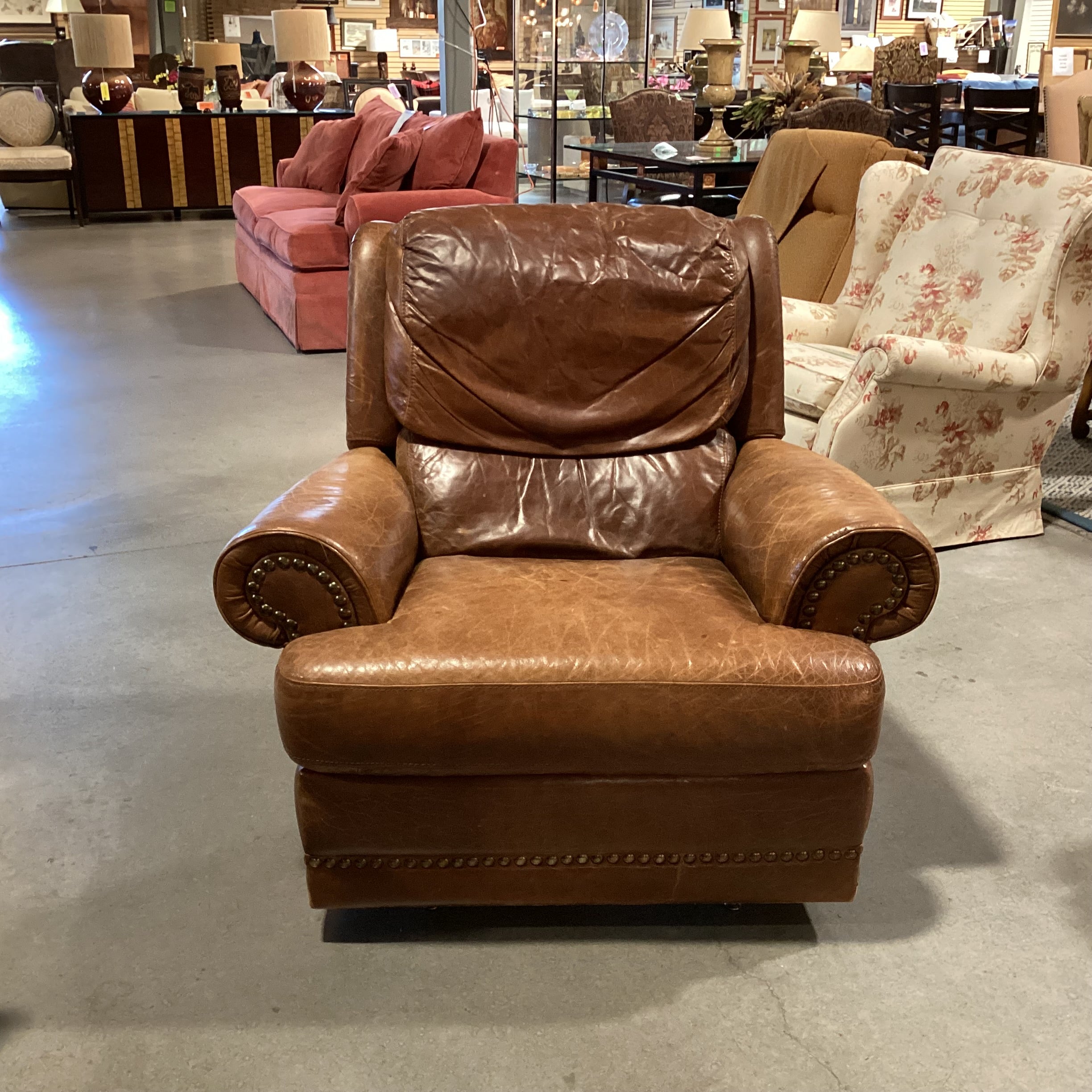 Vintage Leather Nailhead Recliner Chair 40"x 35"x 36"