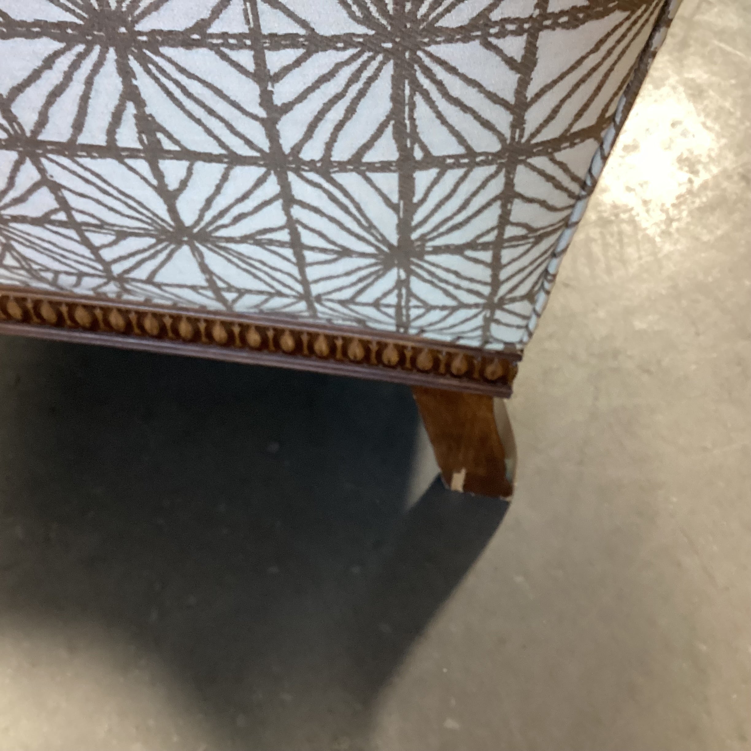 Ivory with Taupe Pattern Linen & Carved English Walnut Finish Chair 36"x 36"x 39"