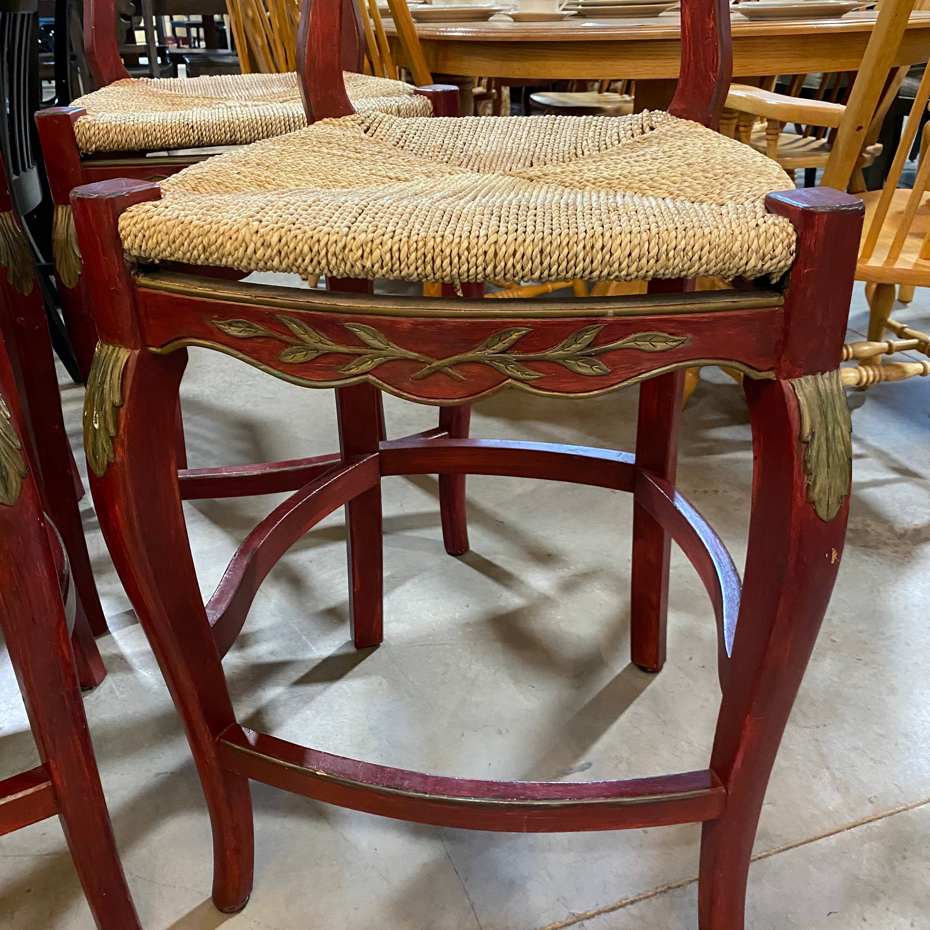 Set of 4 Red Varnished Rush Seat Gold Carved Accents Counter Bar Stool 42"x 18"x 18"