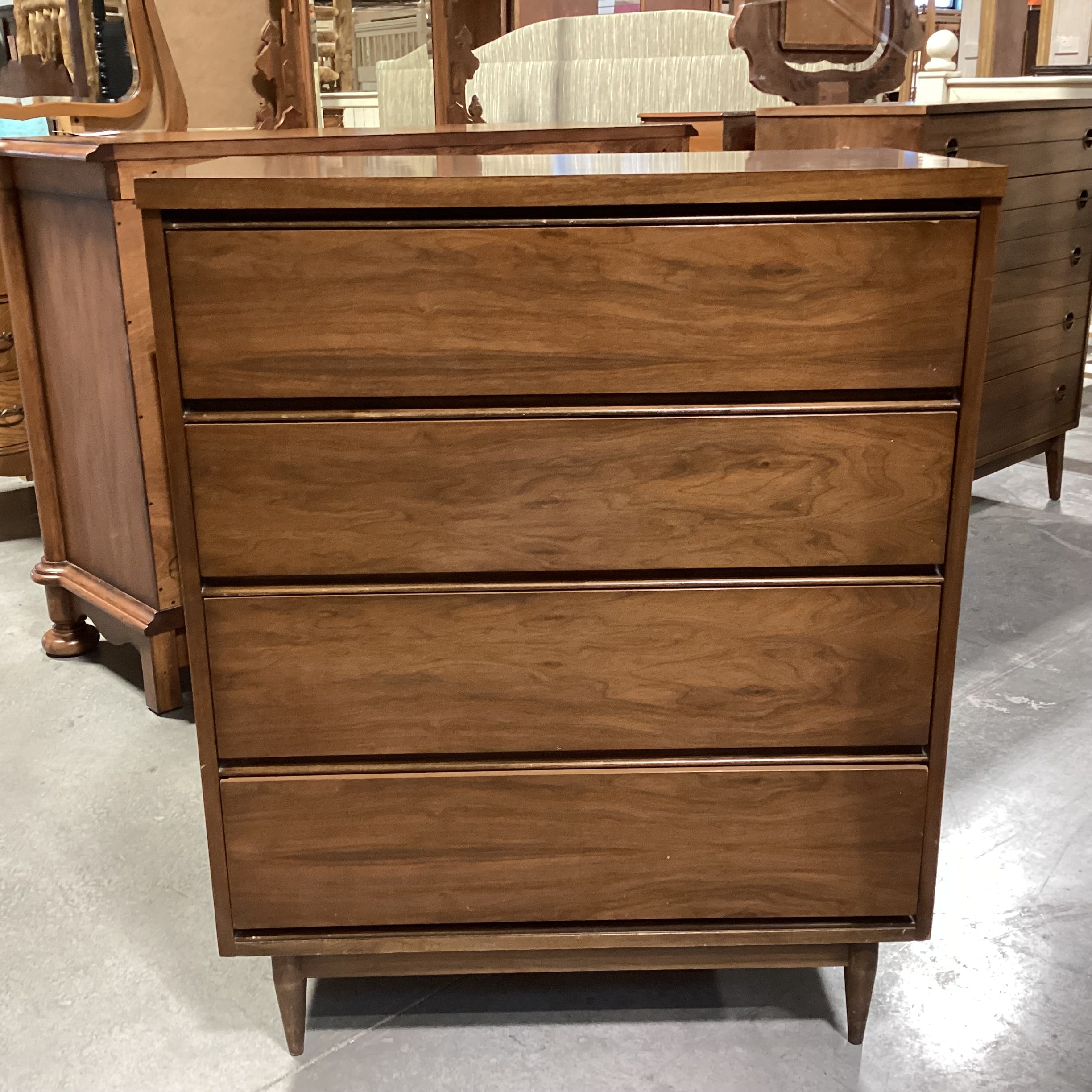 Mid Century Walnut & Veneer 4 Drawer Chest 34"x 18"x 42"