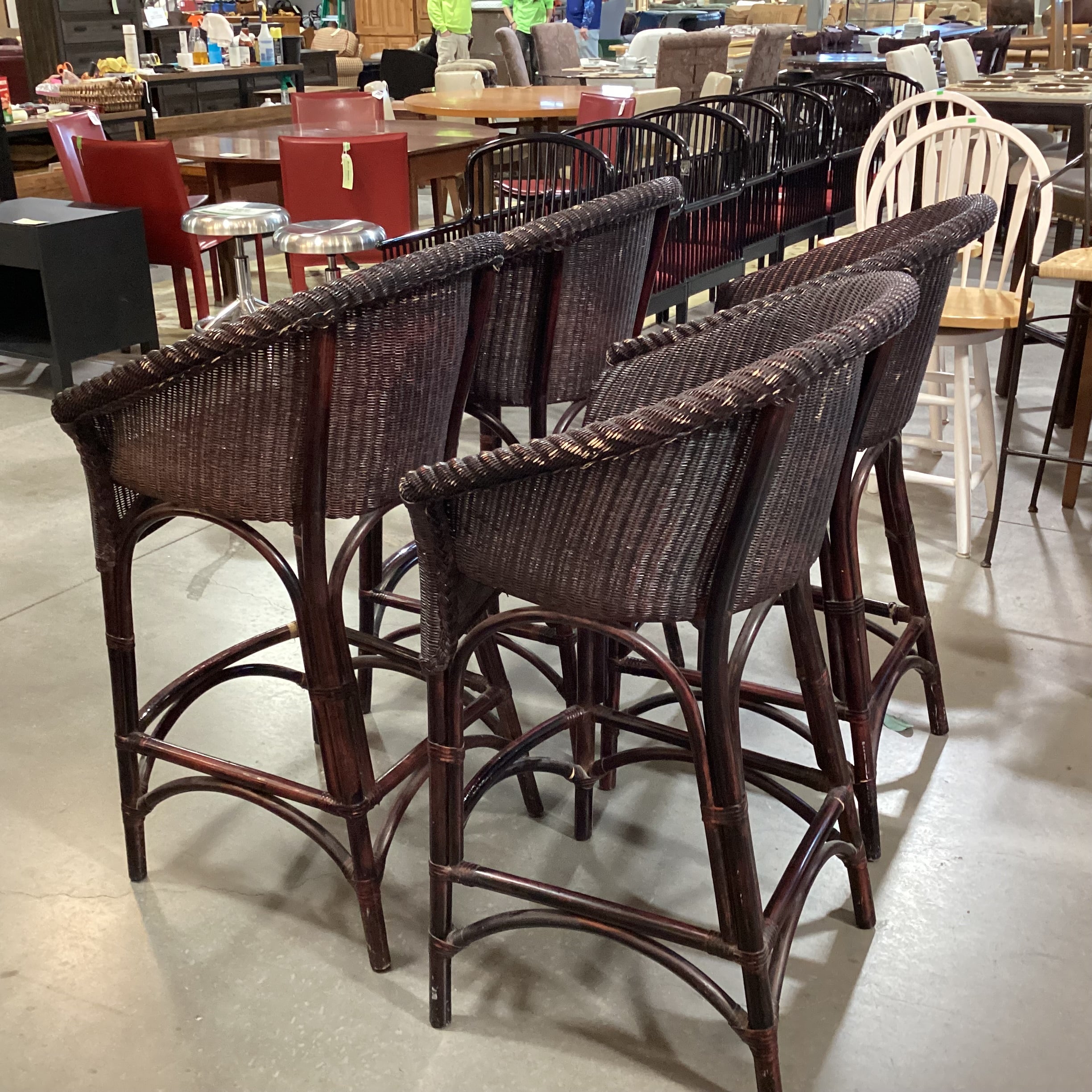 Set of 4 Wicker & Bamboo Dark Finish Barstools 29.5"