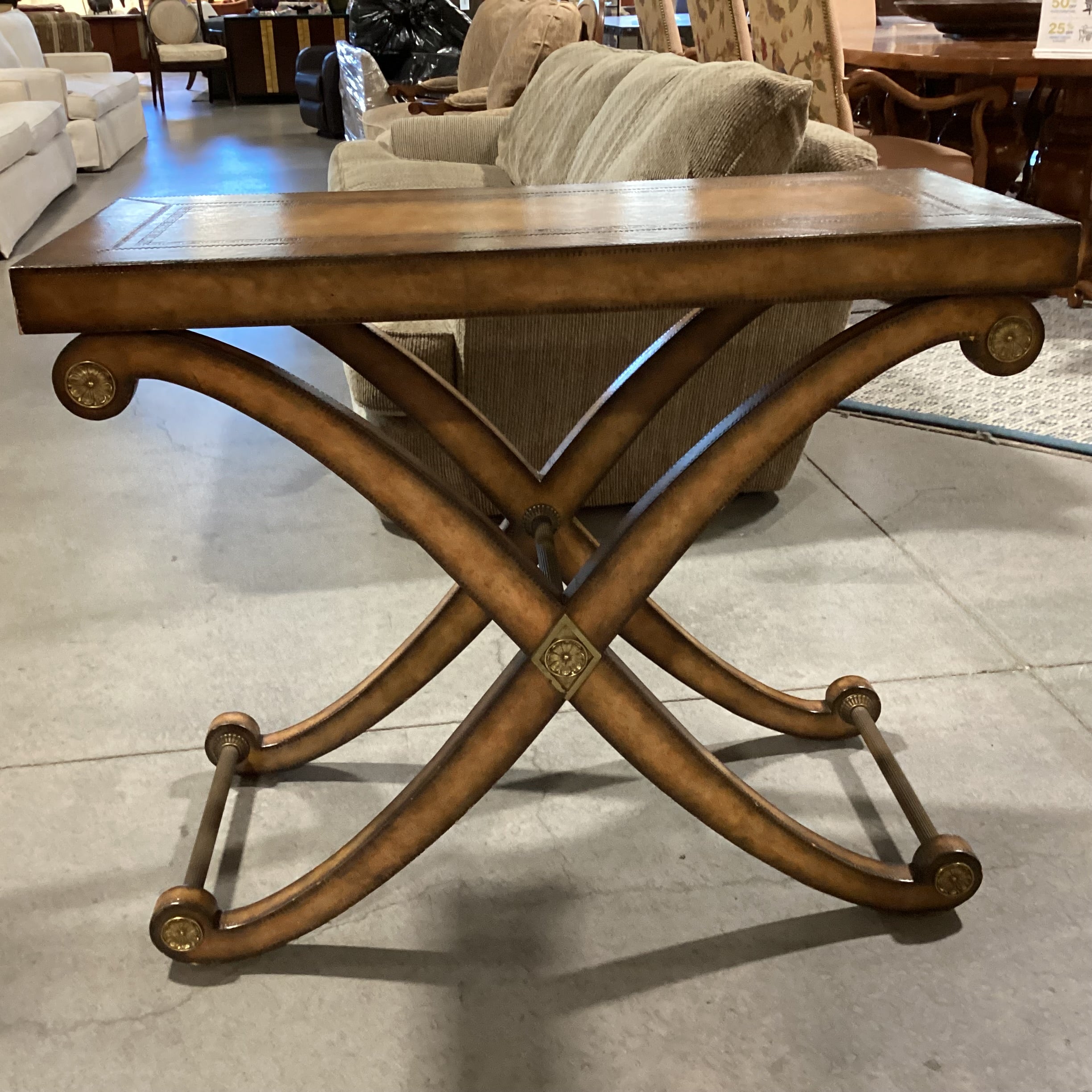 Kreiss Neoclassical Leather with Stitched Accent & X Base Antiqued Brass Stretches Console Sofa Table 40"x 18"x 32.5"