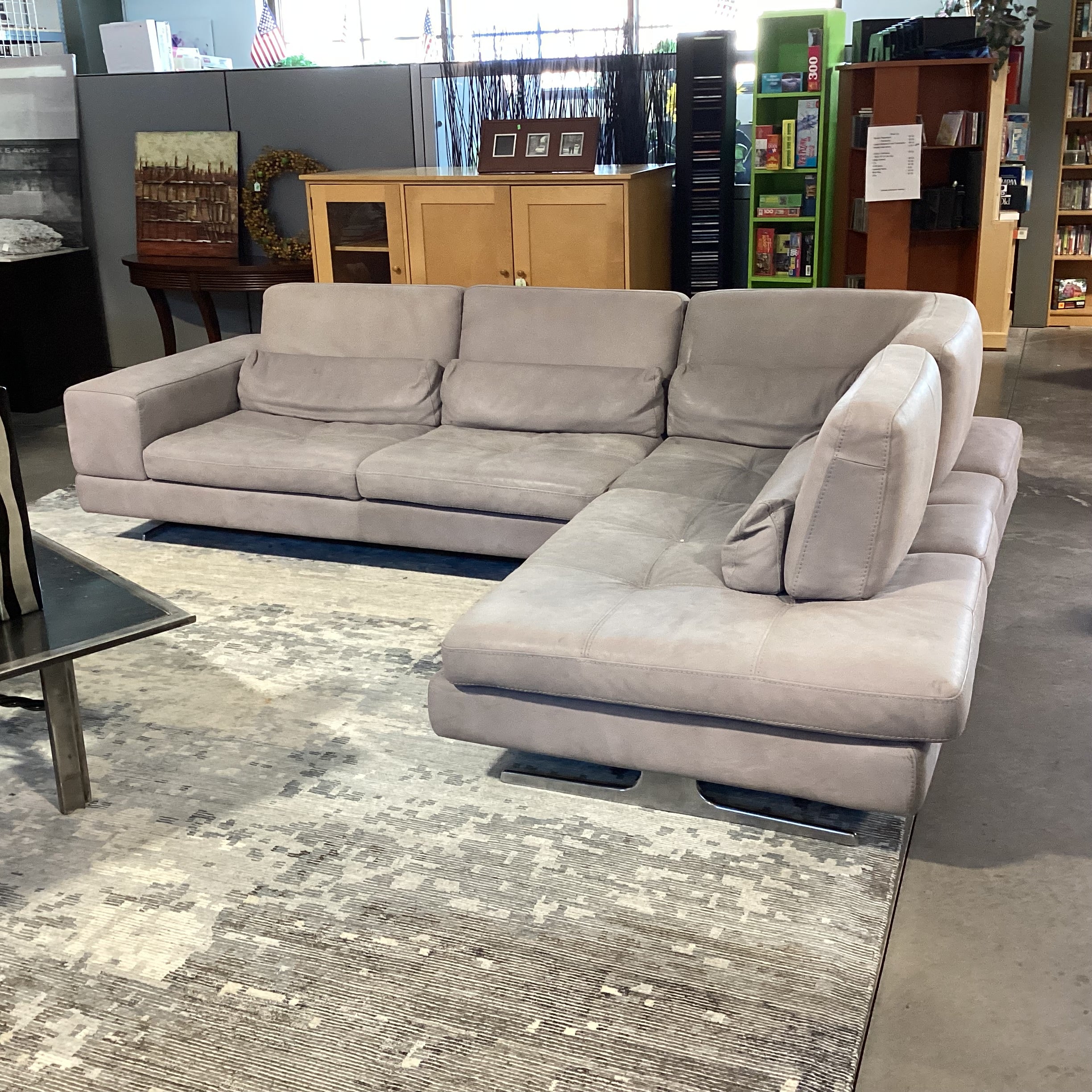 Max Divani Italian Grey Leather 2 Piece with Chaise Sectional 93"x 123"x 44"x 35"