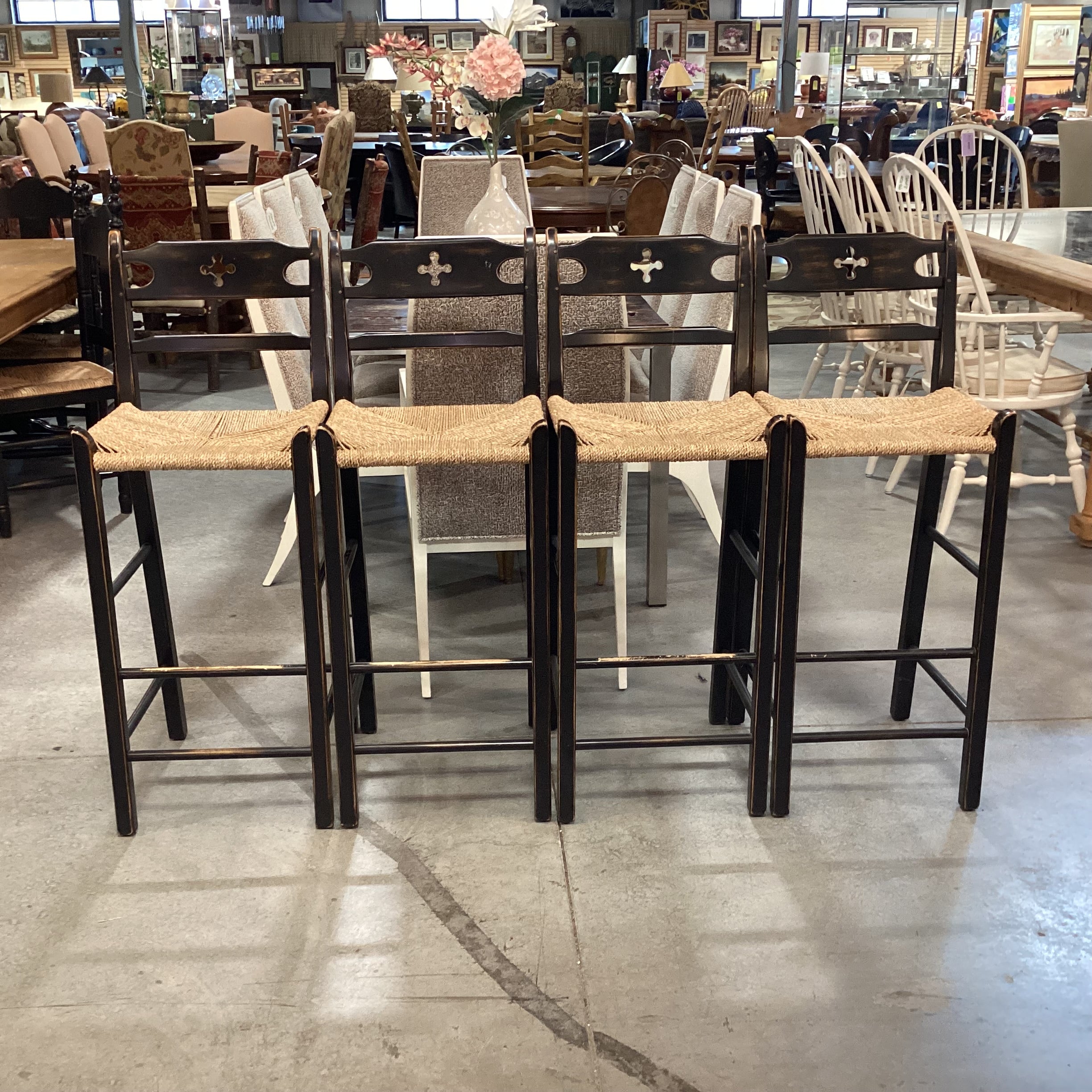 SET of 4 Wolf Diamond Point in Black Hand Sanded Maple Woven Seagrass Seat Barstools 30"