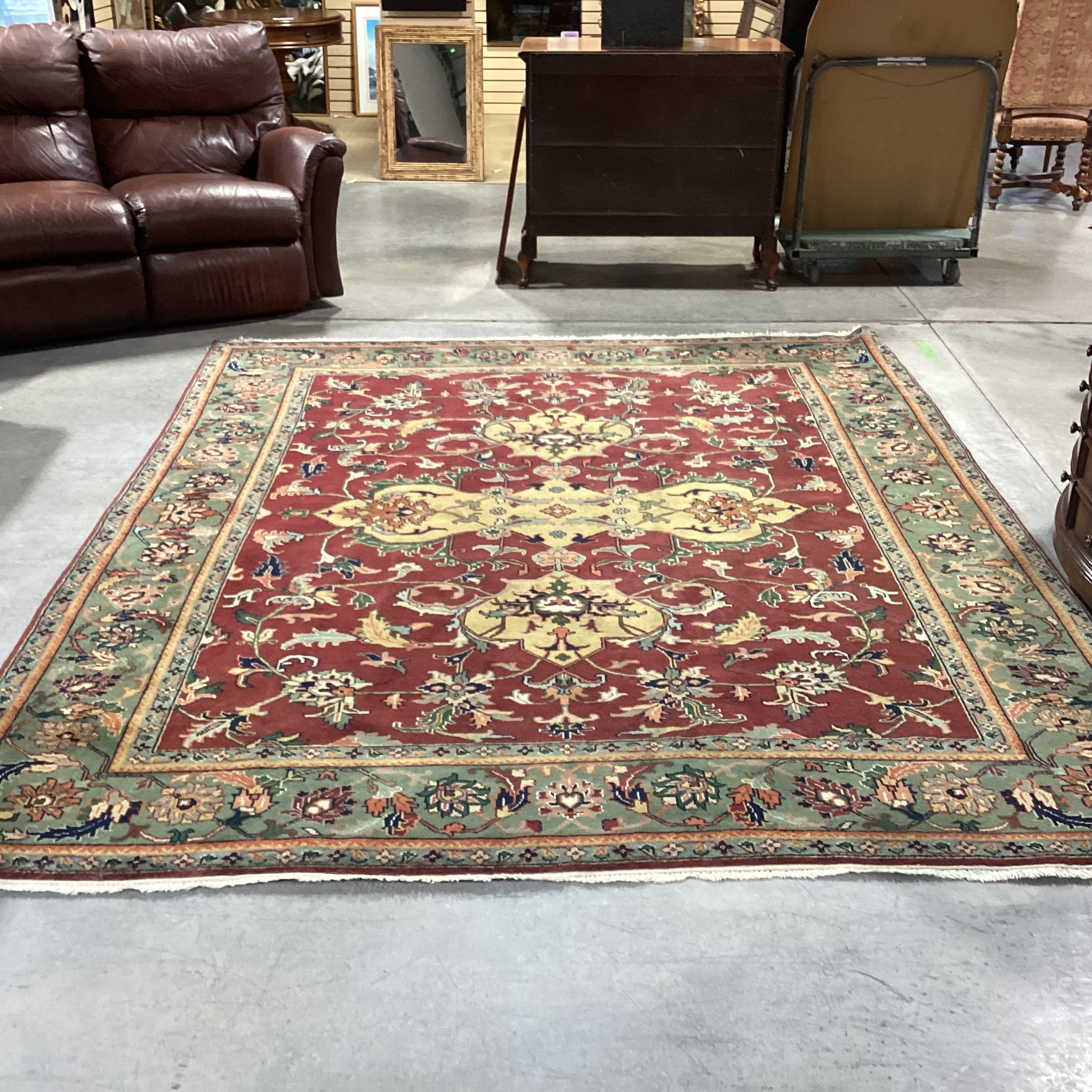 Vintage Burgundy Green & Gold Hand Woven Wool Rug 8'x 10'