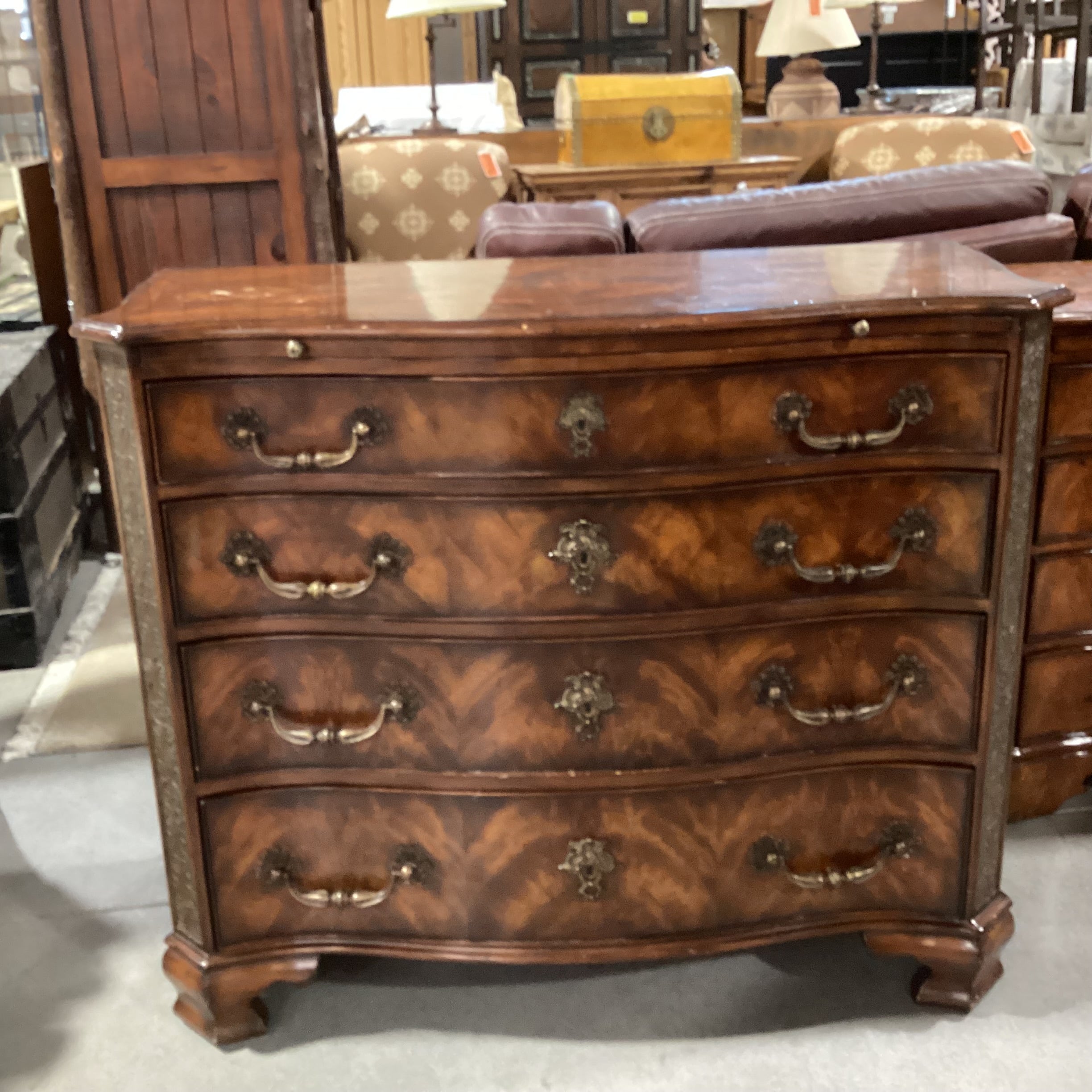 Theodore Alexander Flamed Mahogany Veneer & Carved Wood Ornate Brass Accent 4 Drawer with Leather Top Pullout Chest 43"x 20"x 36"