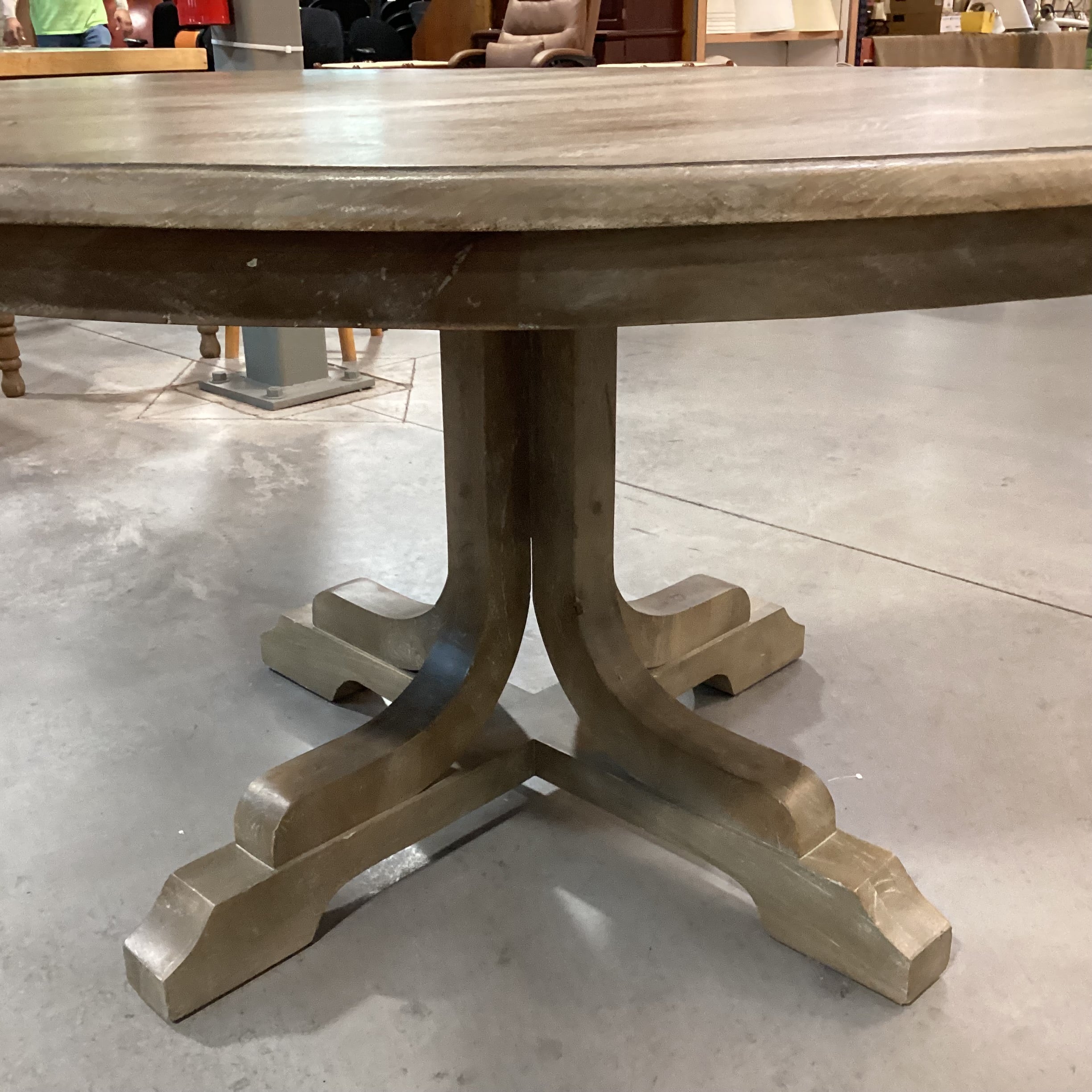 Pottery Barn Linden Grey Washed Mango Wood Round Pedestal Dining Table 60" Diameter x 30.5"
