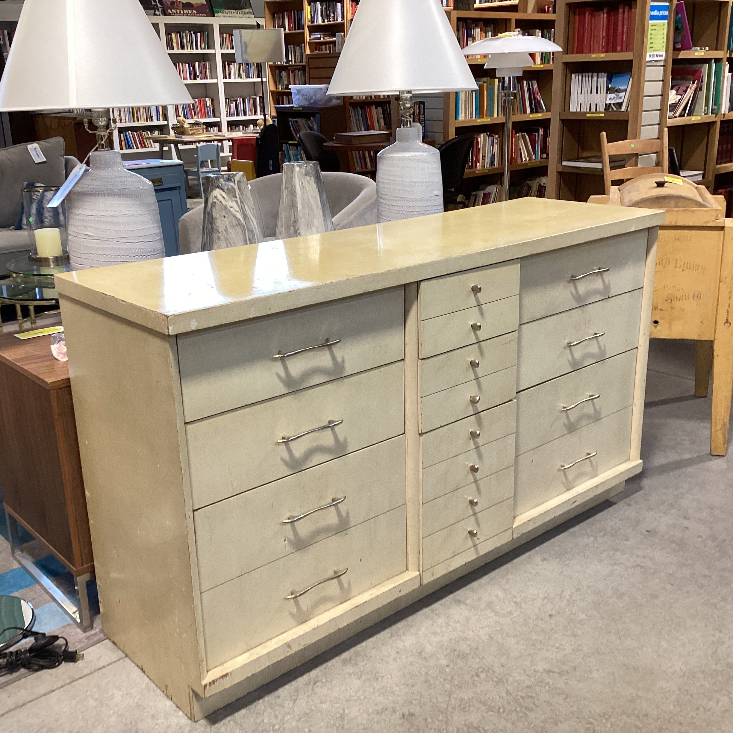 Mid Century Blonde Finish Wood 9 Drawer Dresser 58"x 18"x 33"