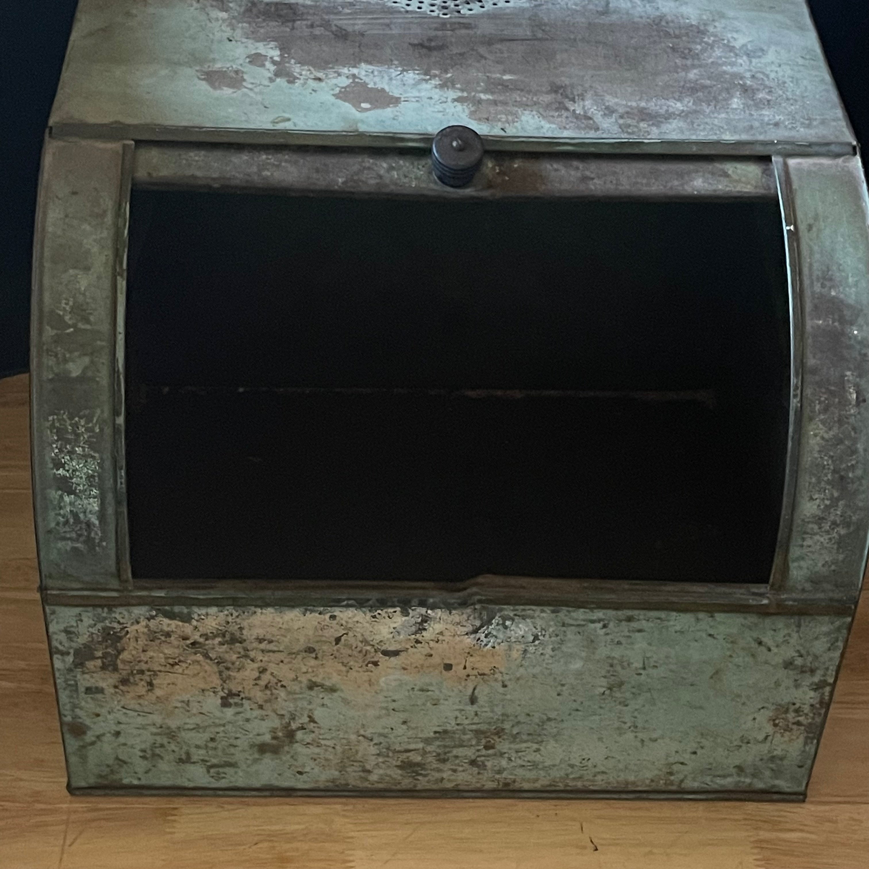 Antique Green Metal Bread & Cake Box with Sliding Lid, 13.25"x 11"x 10.5"