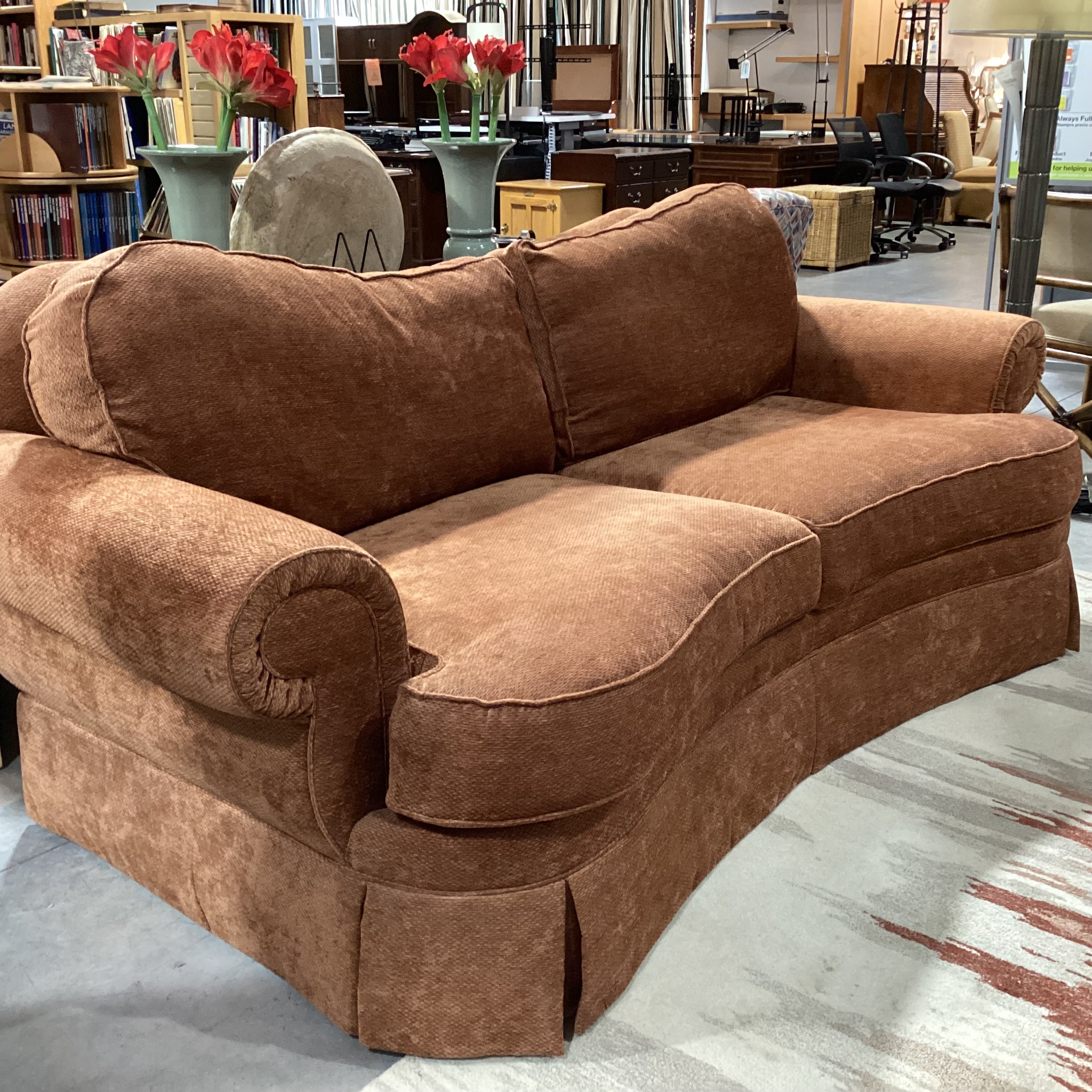 Ethan Allen Burnt Orange Chenille Woven with Roll Arm Curved Sofa 90"x 45"x 35"
