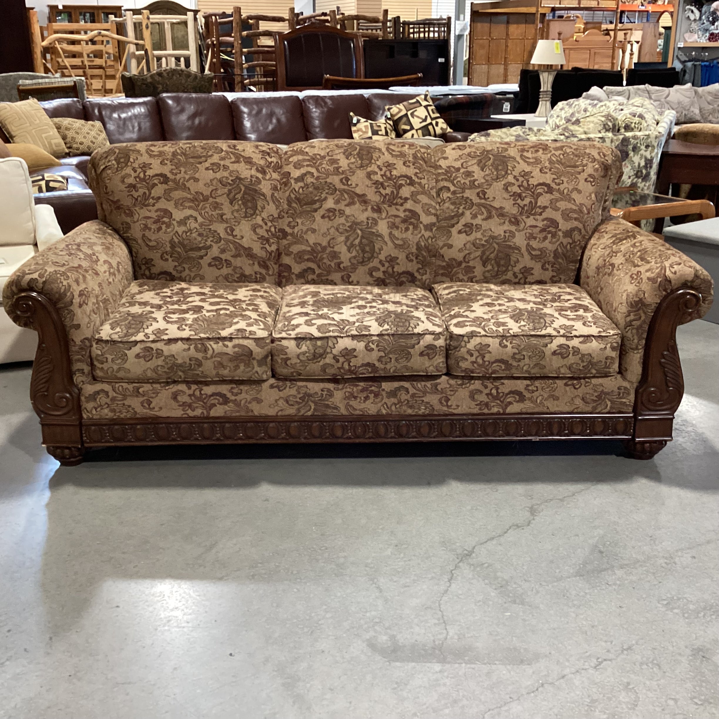 Ashley Tan Brown Rust Woven Floral & Carved Wood Sofa 87"x 40"x 38"