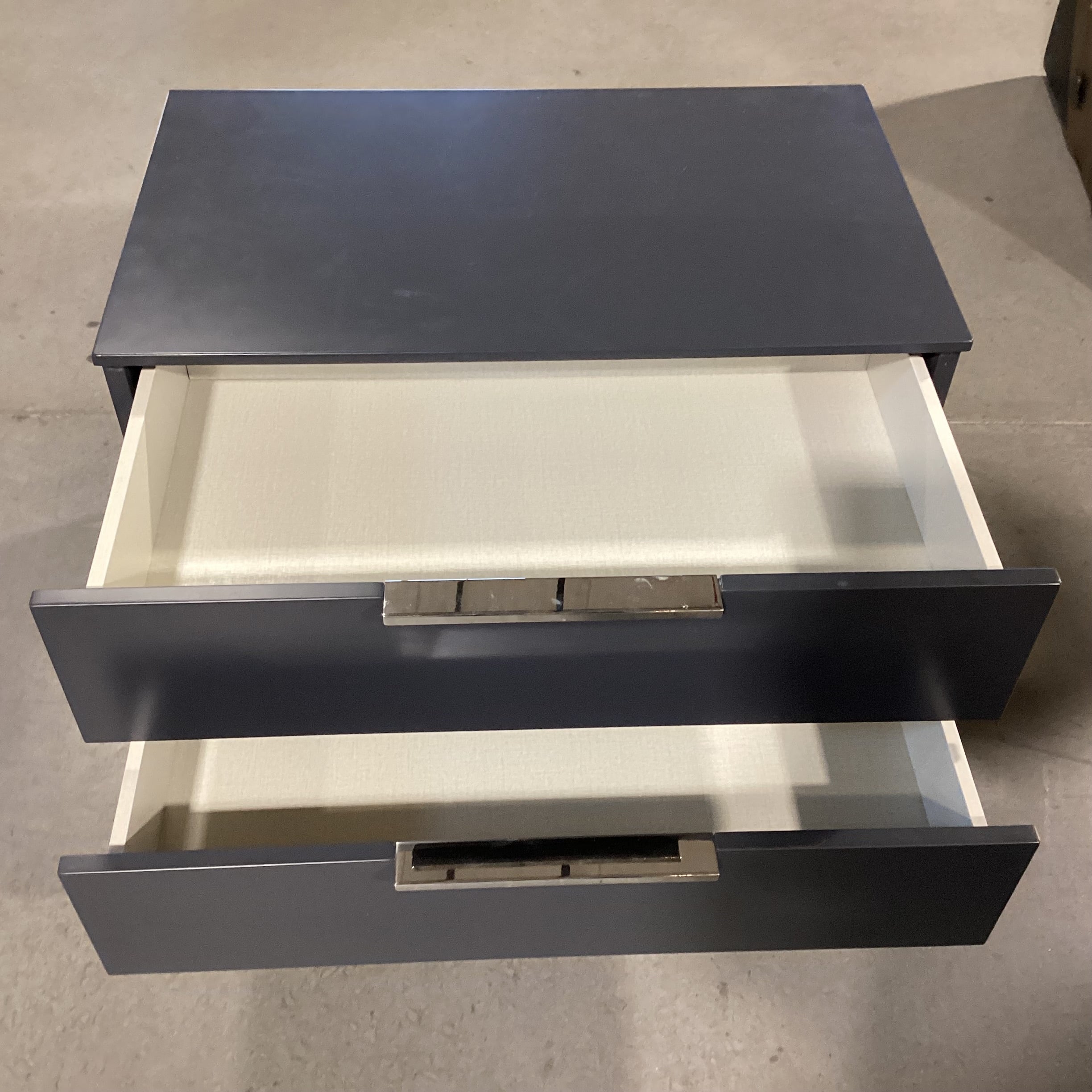 Grey Lacquered & Chrome with Soft Close Linen Lined Drawers End Table