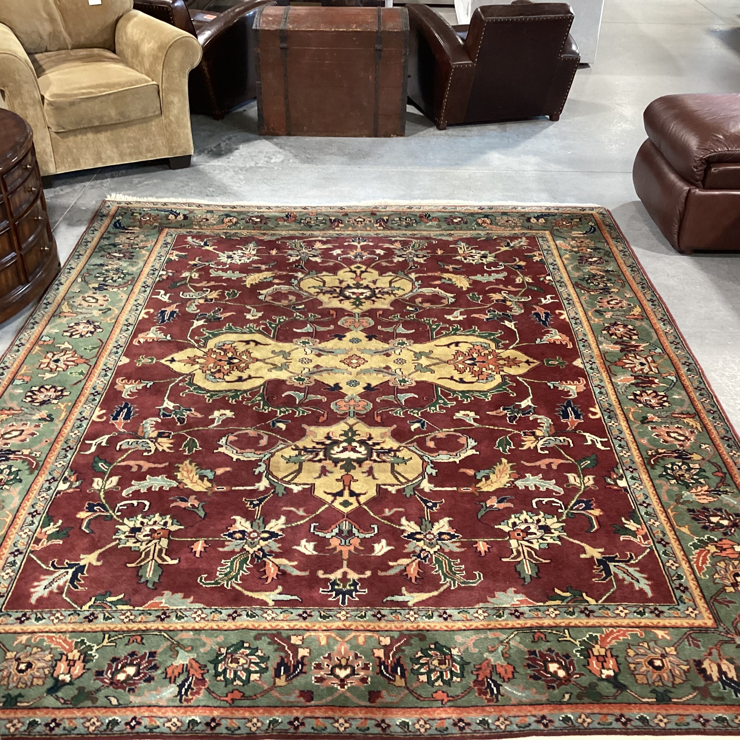 Vintage Burgundy Green & Gold Hand Woven Wool Rug 8'x 10'