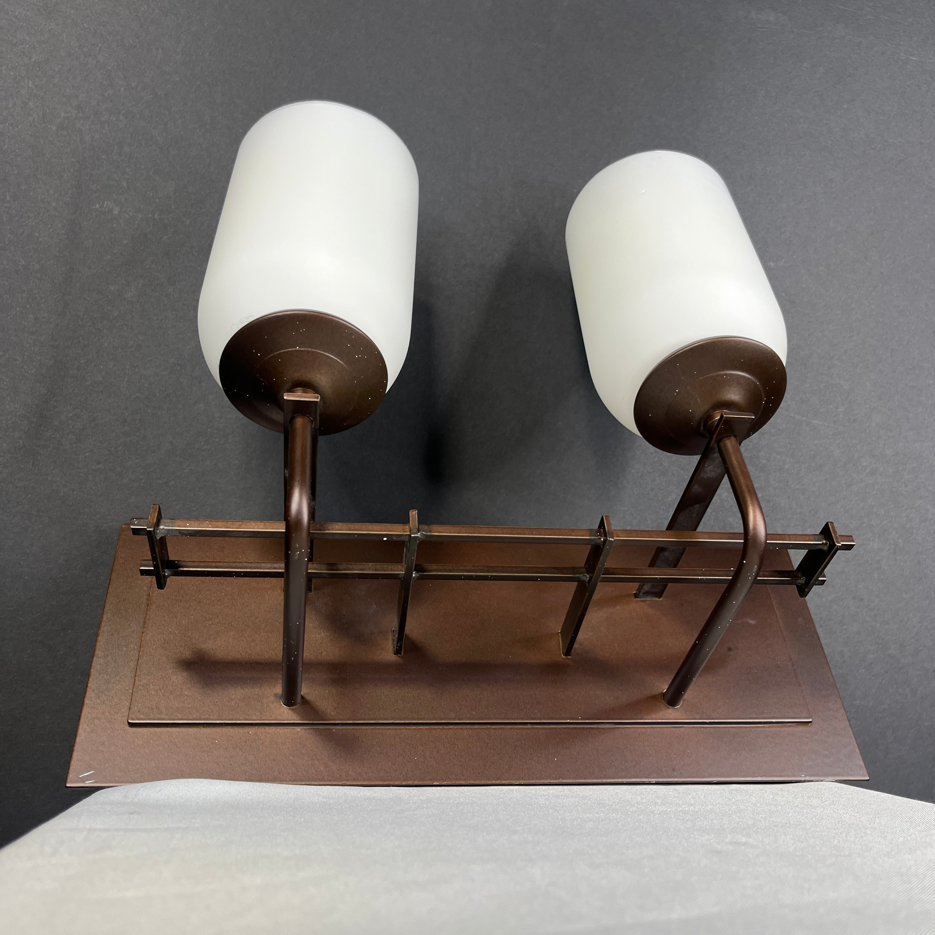 Hubbardton Forge 2-Light Bronze with Milk Glass Shades Vanity Wall Sconce 13”x 10”x 7”