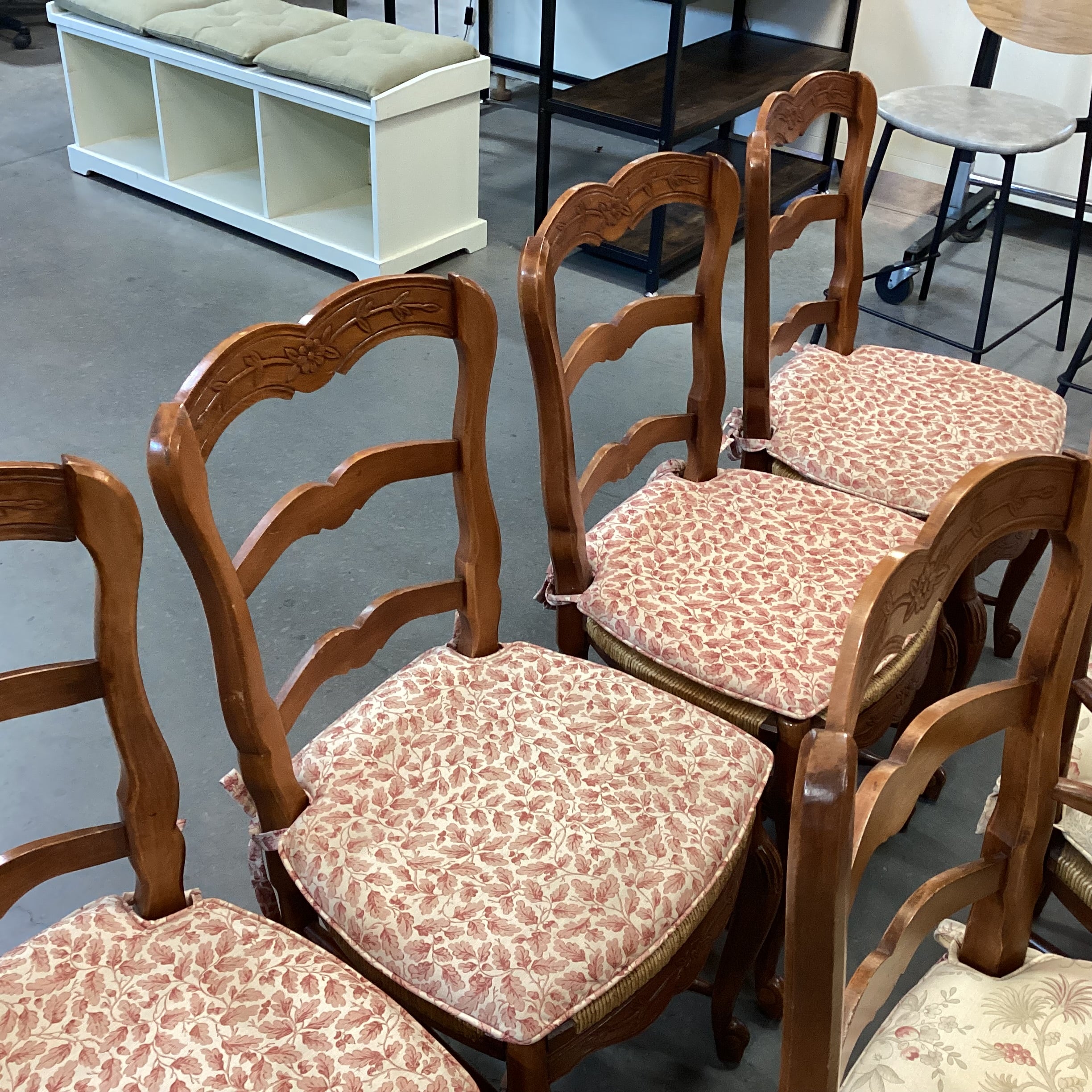 Set of 6 Carved Wood with Rush Seat & Floral Seat Cushion Dining Chairs 21"x 21"x 38"
