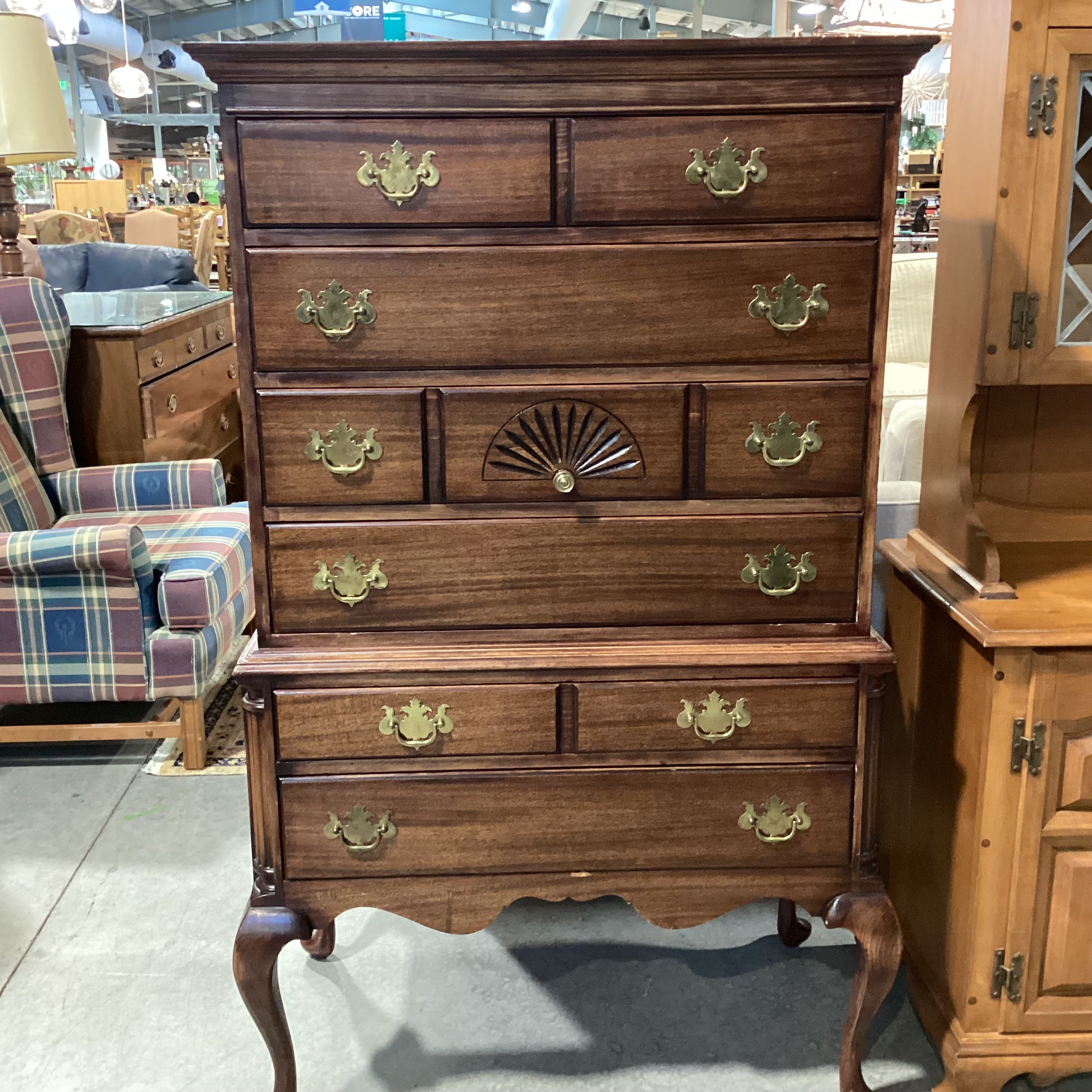 Vintage Antique Maddox Red Ribbon Mahogany 5 Drawer with Secretary Desk Pullout Chest Dresser 36"x 21"x 58"