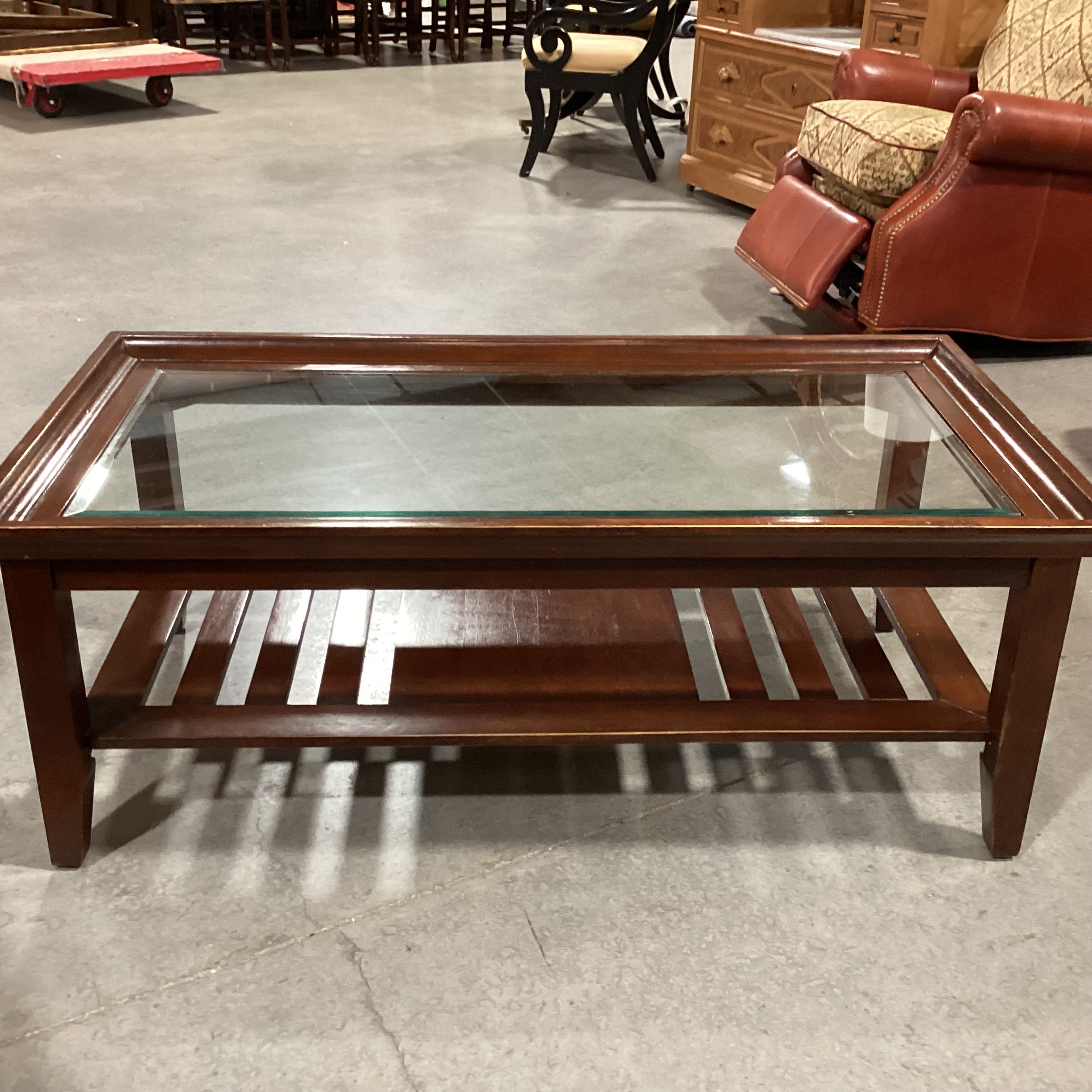 Dark Finished Wood with Slatted Bottom Shelf & Inset Glass Top Coffee Table 50"x 26"x 20"