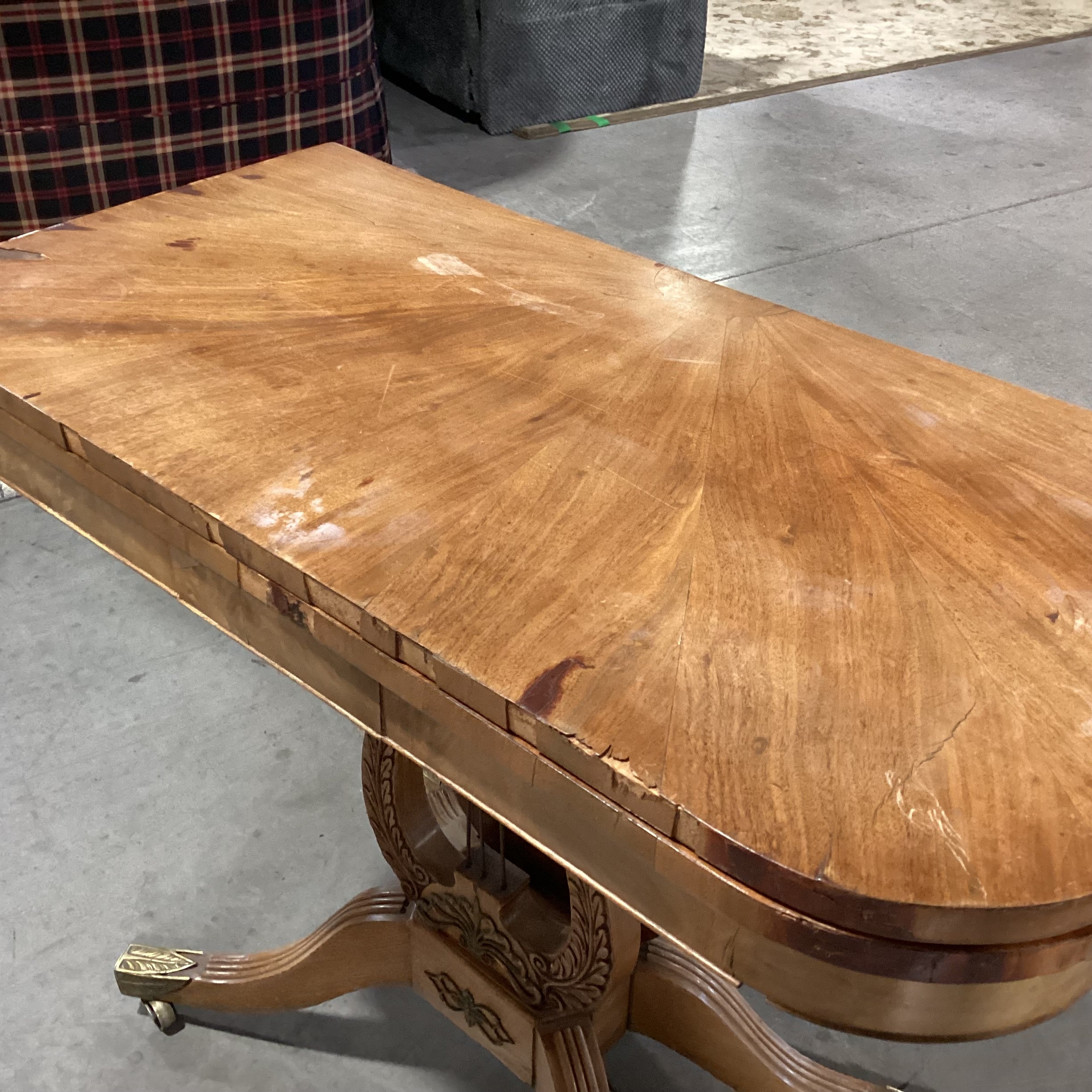 Antique Carved Wood & Veneer Twist Top to Open with Harp Pedestal & Brass Accents Accent Table 36"x 18" to 36"x 29.5"