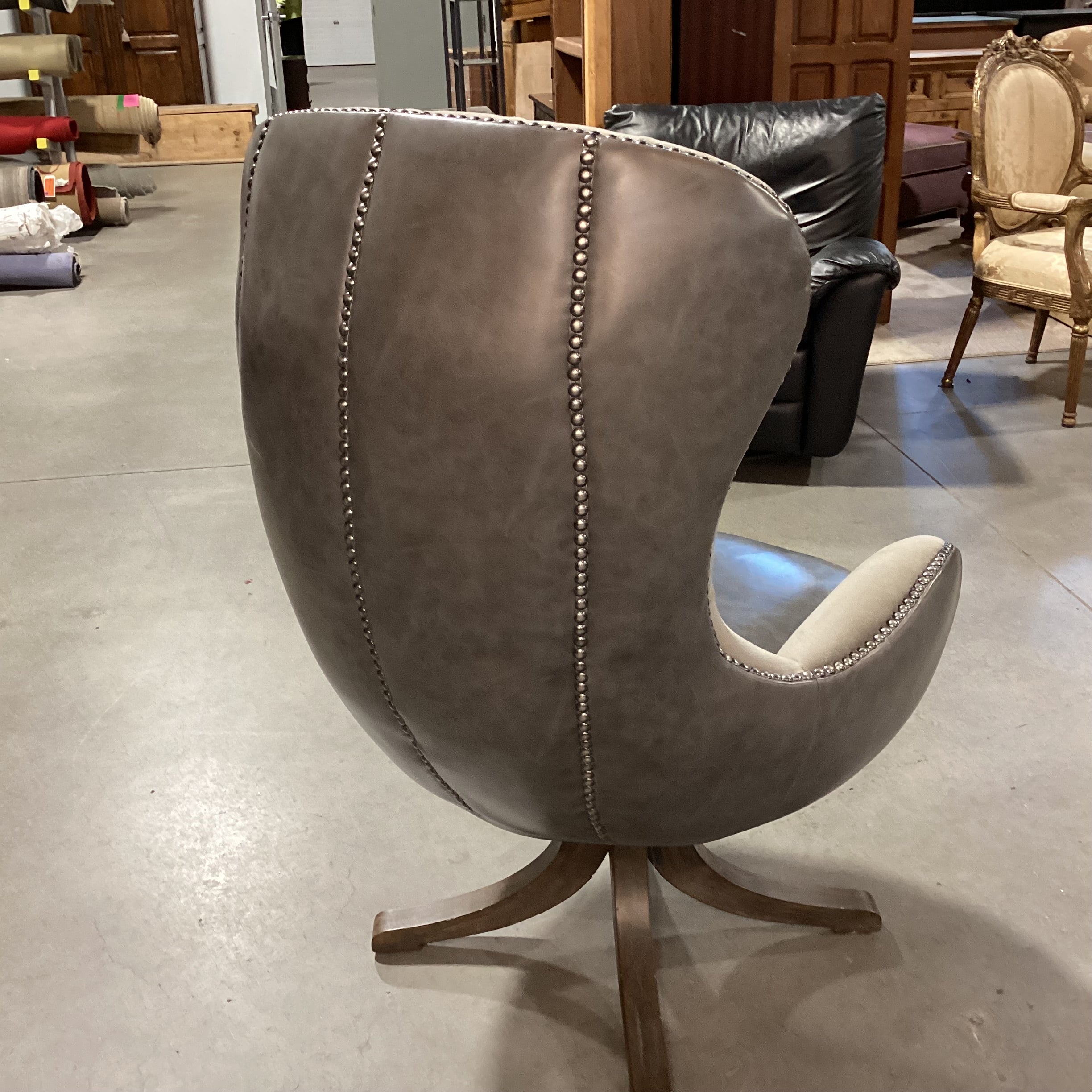 Uttermost Linford Clouded Zinc Leather Nailhead & Grey Velvet Swivel Chair 31"x 31"x 48"