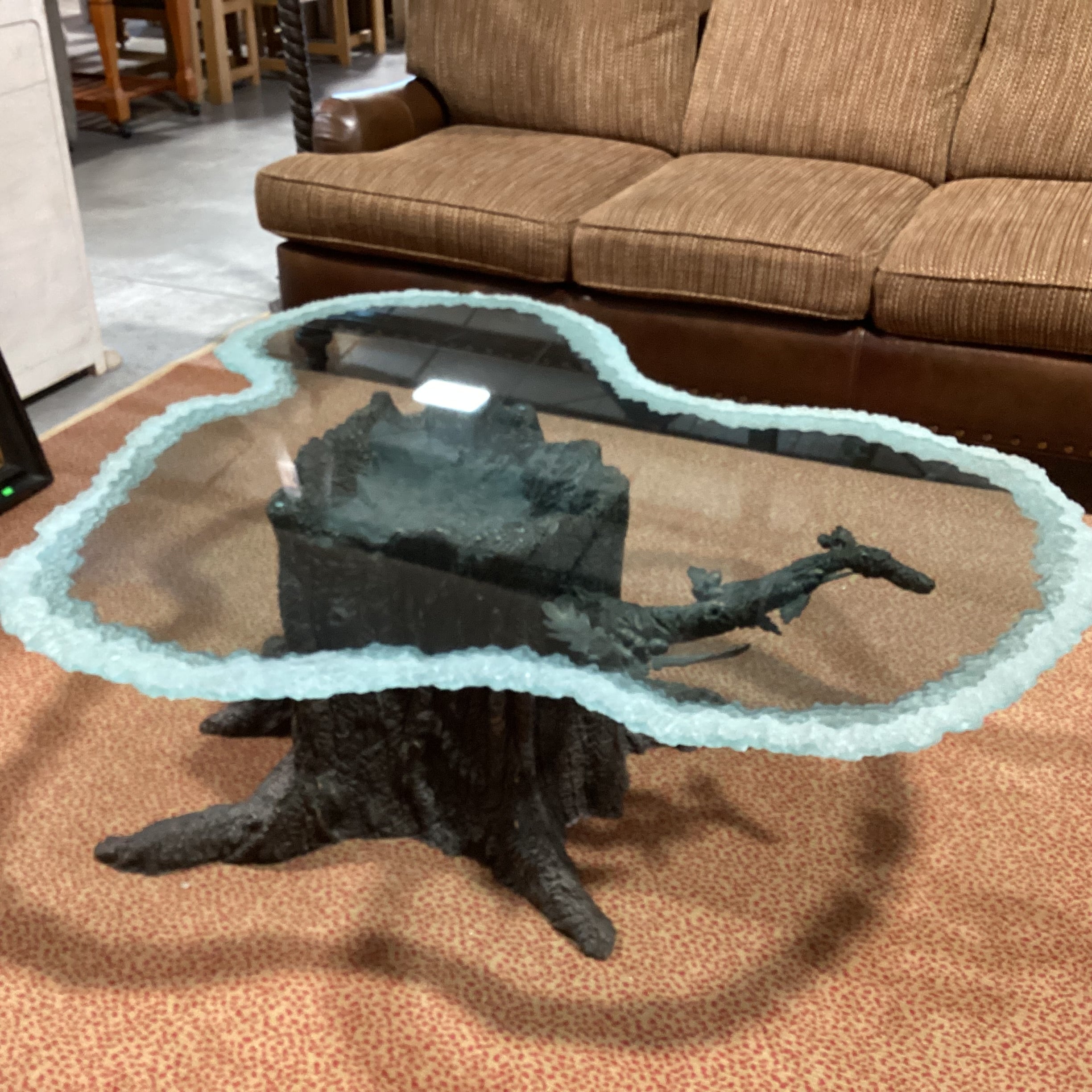 Kevin Clark Resin Cast & Iron Acorn Leaf Tree Trunk with Frosted Live Edge Glass Coffee Table 55"x 48"x20"