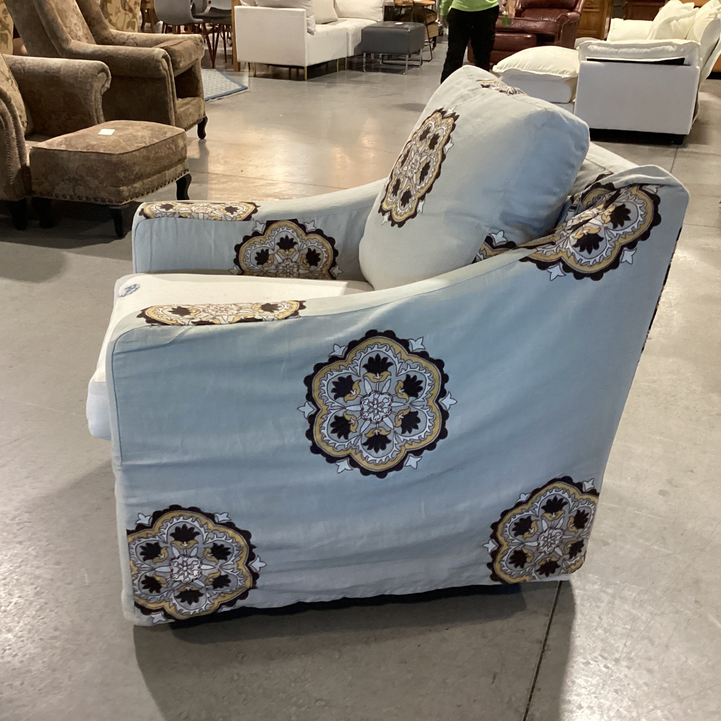 Grey with Brown Gold Medallion Slipcover Down MIx Swivel Chair 32"x 39"x 33"