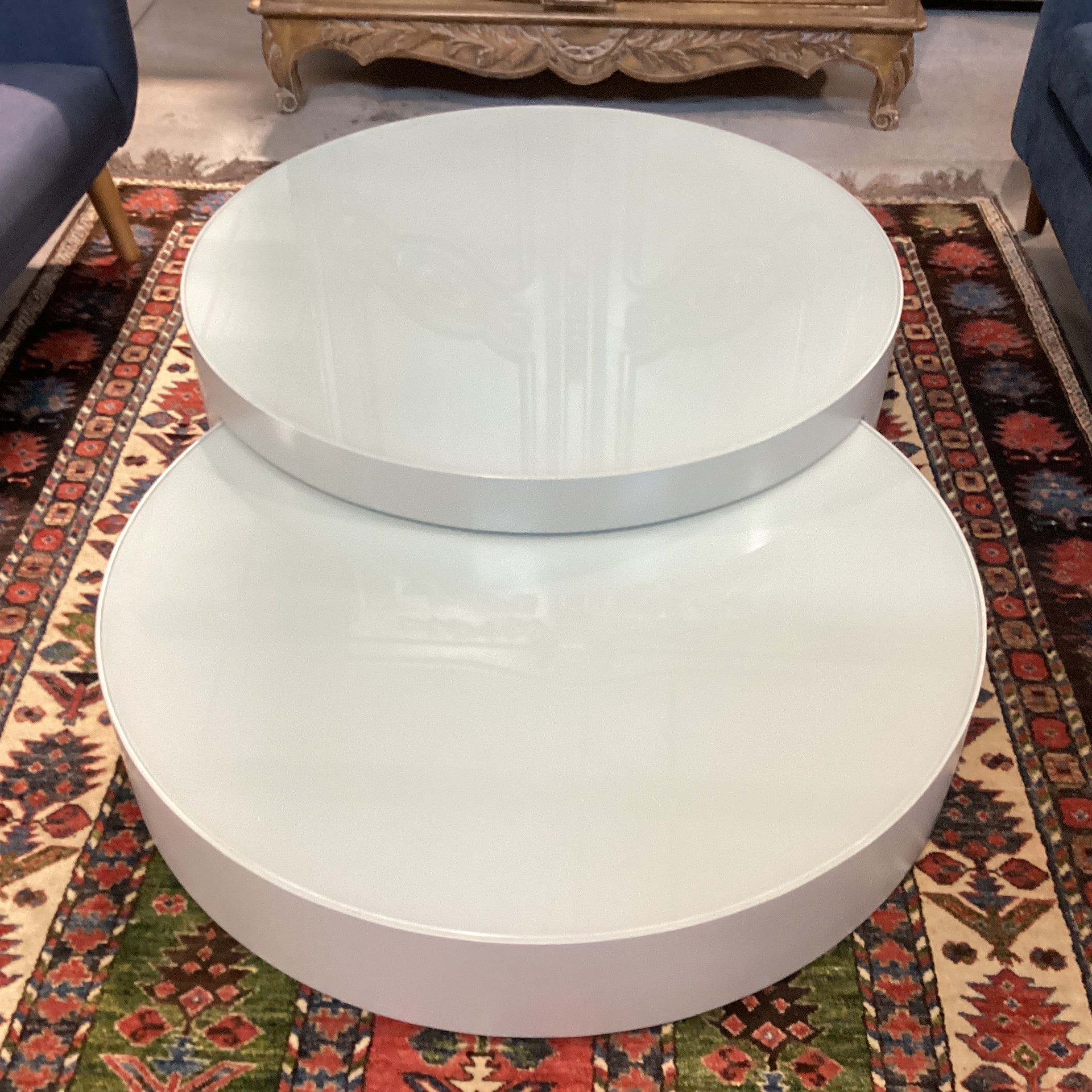 Modern Grey Lacquer & Glass Top Double Nesting Circles Coffee Table 67"x 43.5"x 12"