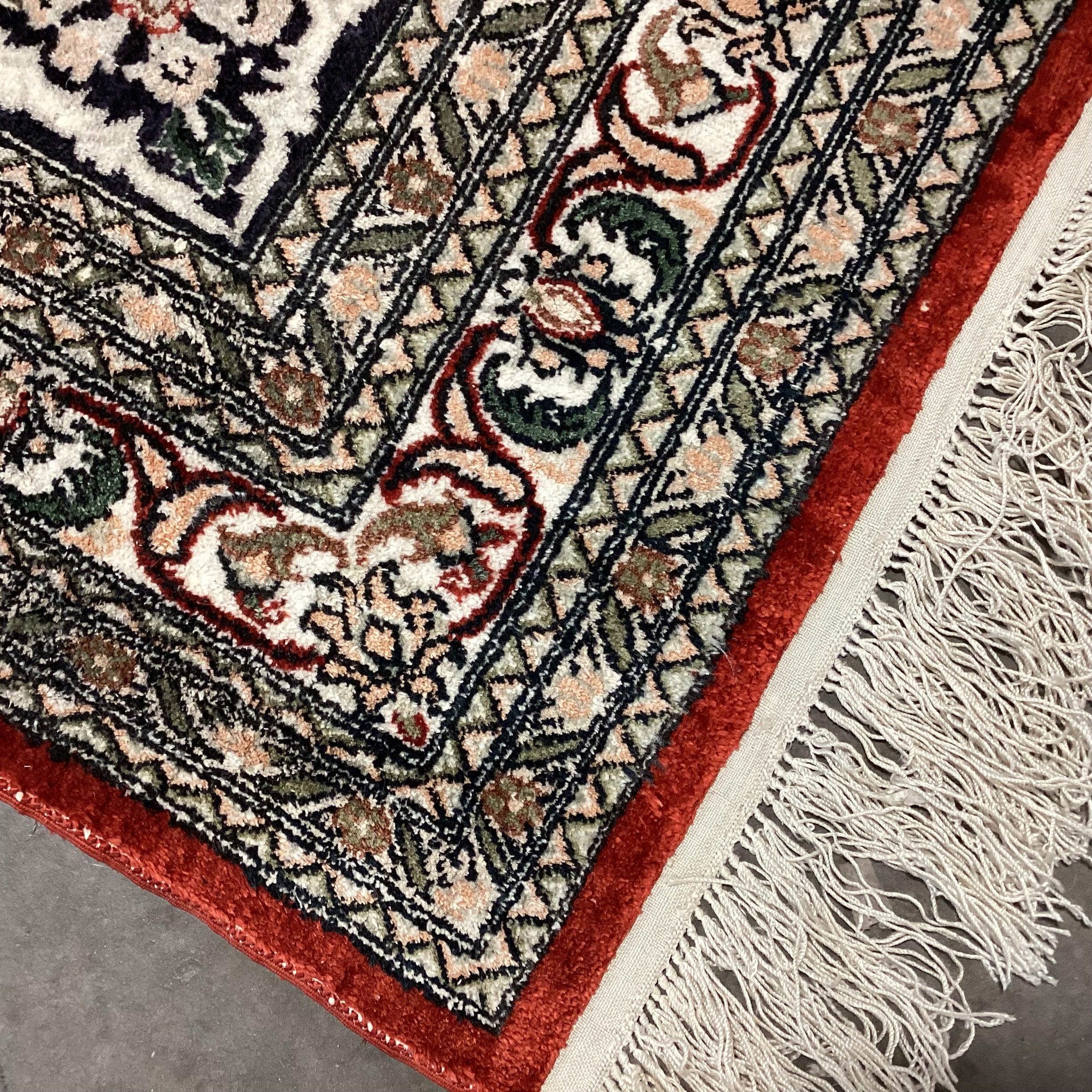 Ivory Rust Coral Blue Green Hand Woven Silk Rug 9'10"x 15.5"