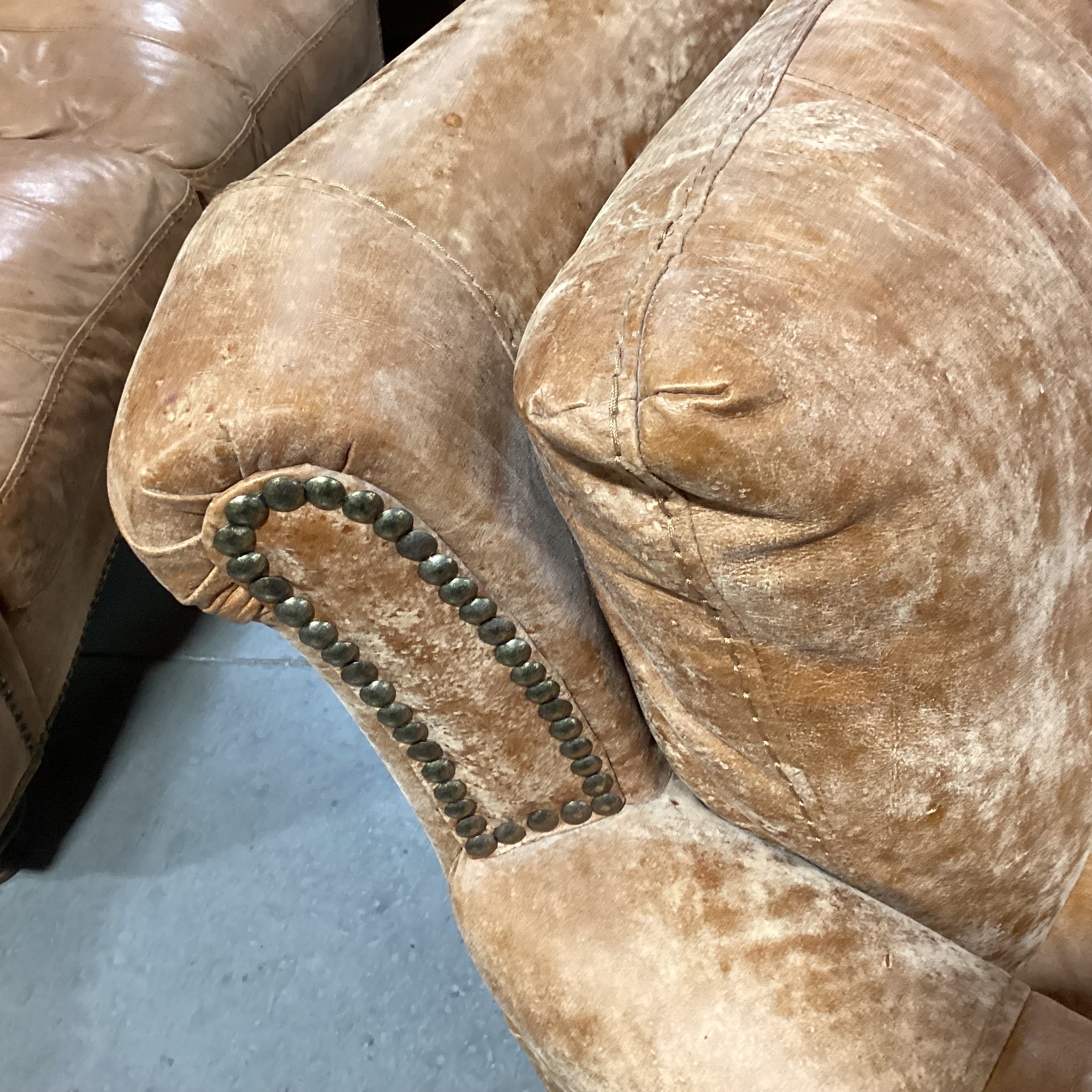 Tan Distressed Leather Nailhead with Curved Arm & Back Sofa 88"x 40"x 34"