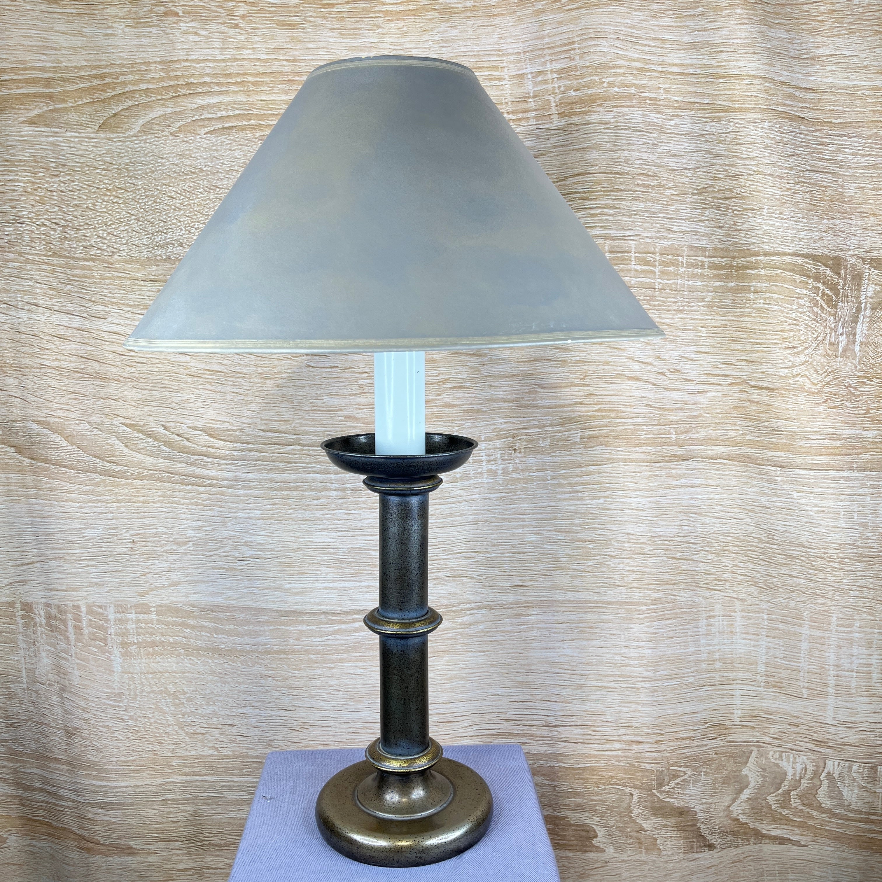 Vintage Antiqued Metal and Brass Candlestick Colum with Shade Table Lamp 20" Diameter @ Shade x 30"