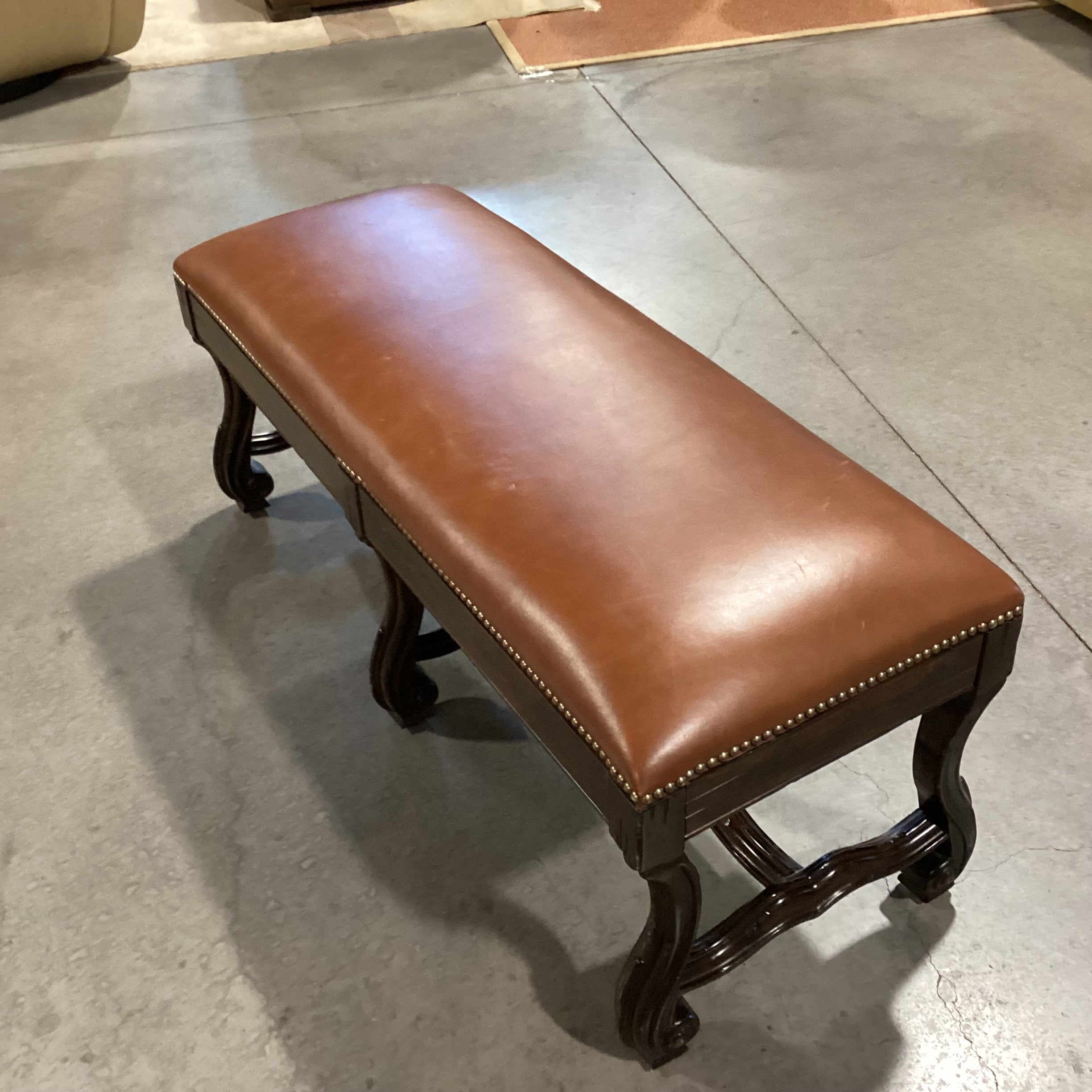 Lorts Leather Nailhead With Dark Finish Ornate Carved Trestle Bench 48"x 19"x 20"