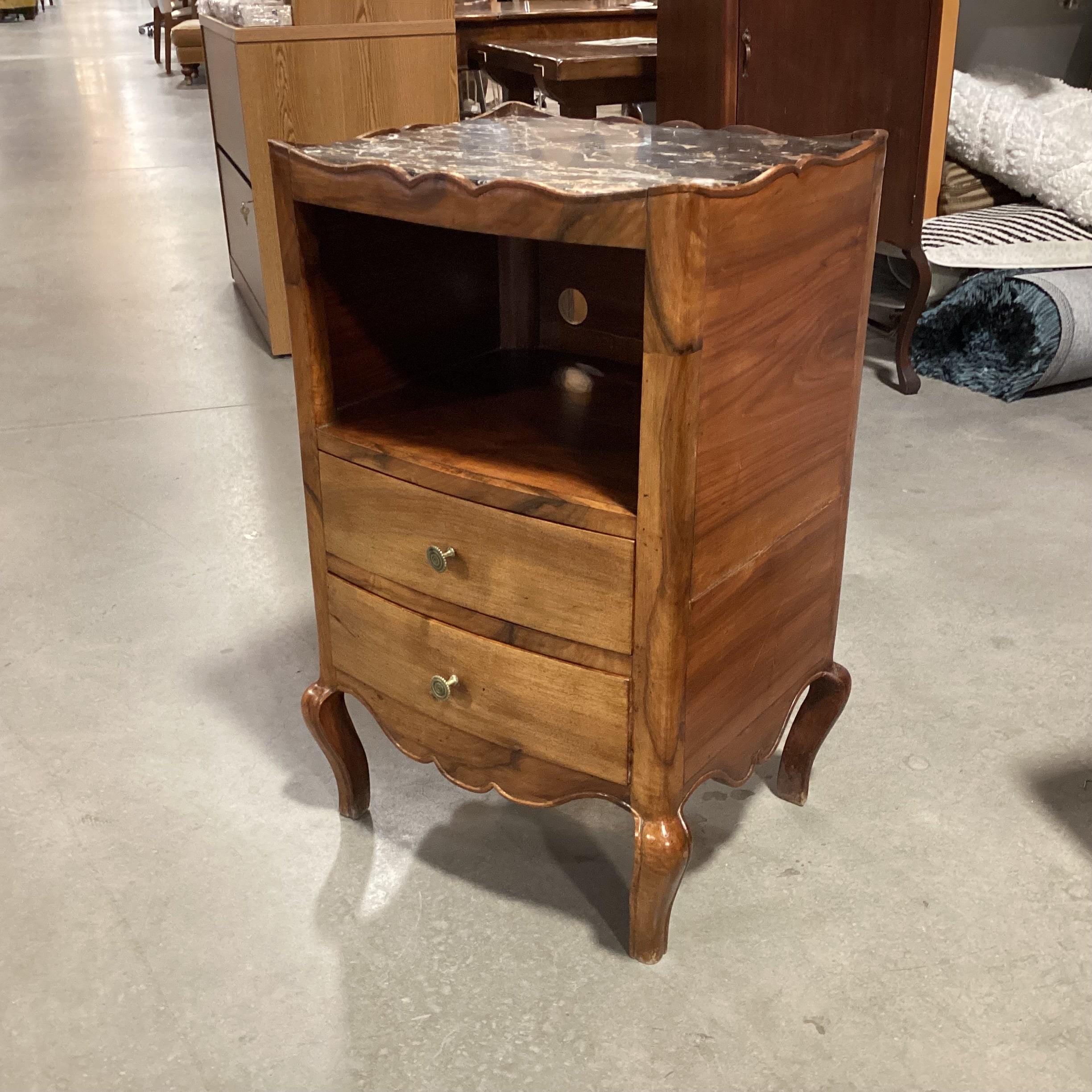 Antique Ornate Carved Walnut & Stone Top 2 Drawer with Cubby Nightstand 16"x 19"x 30"