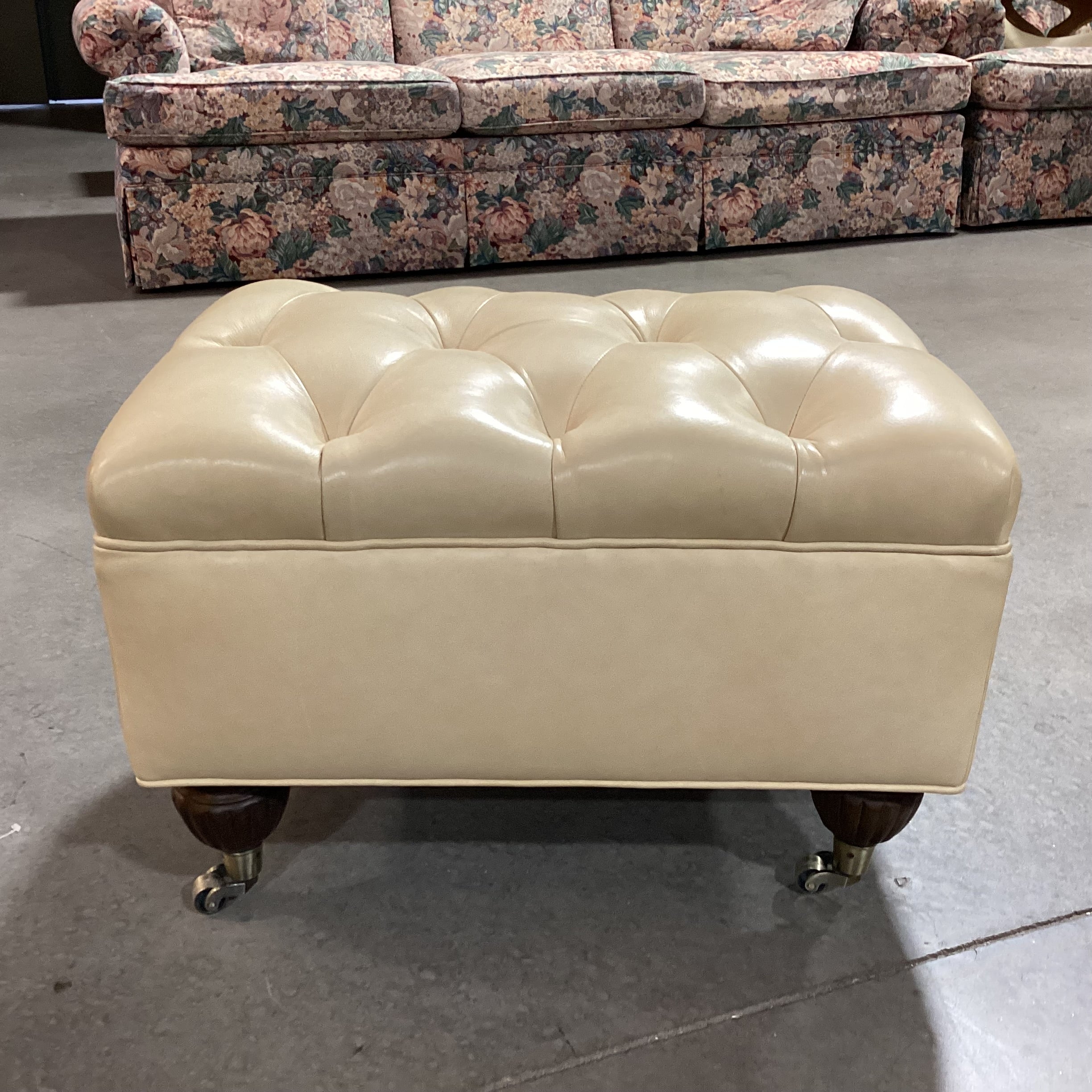 Blonde Leather Tufted Carved Wood & Caster Feet Ottoman 25"x 18"x 17"