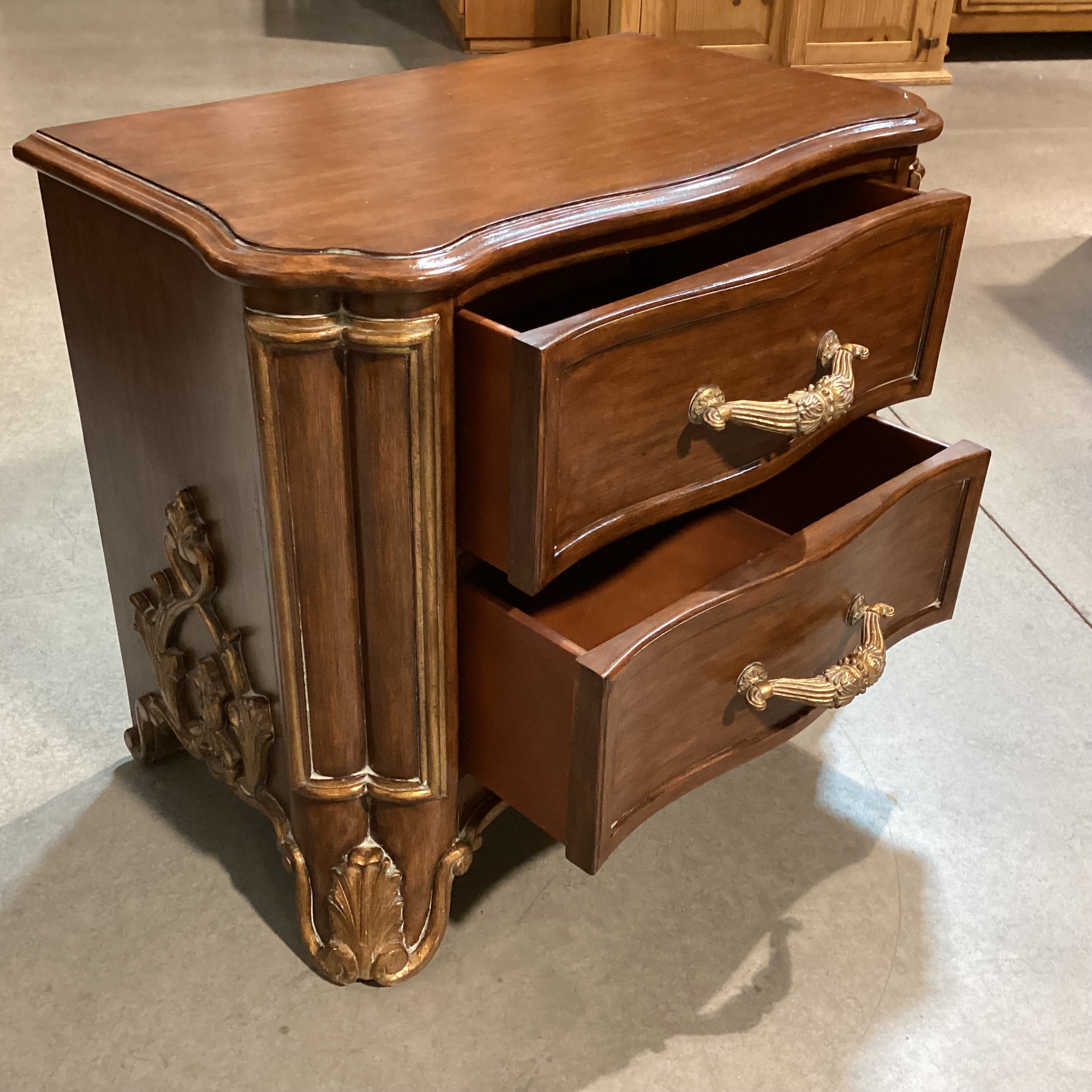 Ornate Carved Wood with Gold Accent 2 Drawer Nightstand 34.5"x 20"x 28"