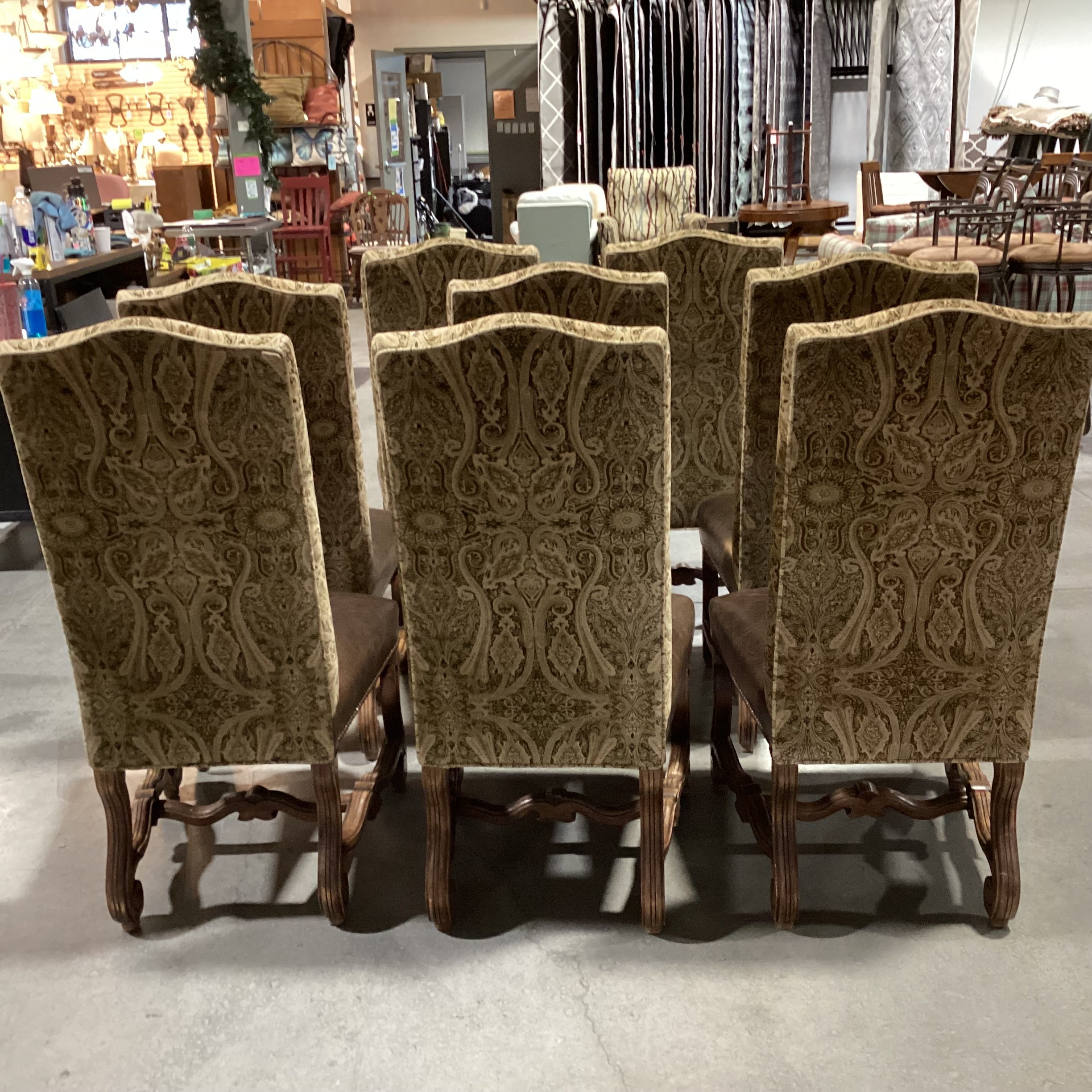 SET of 8 Ornate Carved Wood Leather Nailhead & Paisley Velvet Dining Chairs 22"x 24"x 44.5"