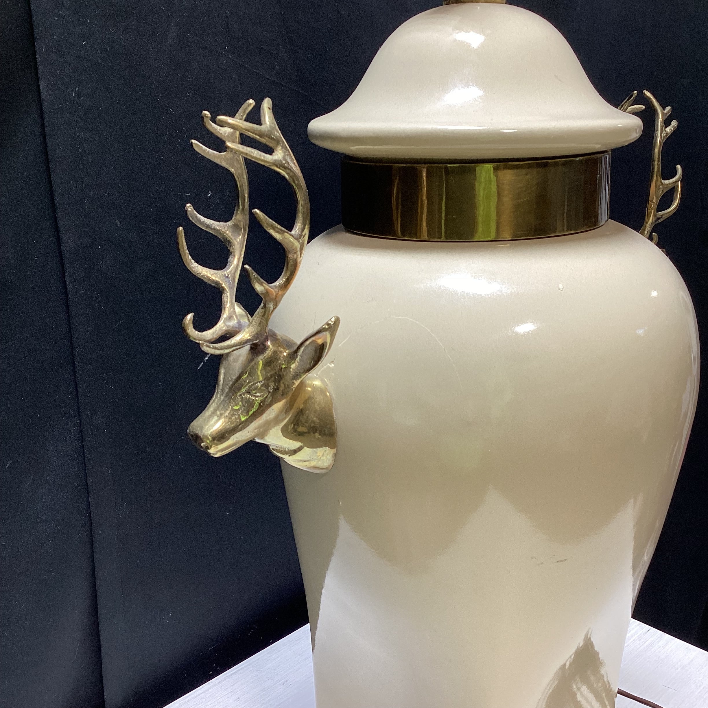 Vintage Urn Style Table Lamp With Brass Stags 13" x 21"