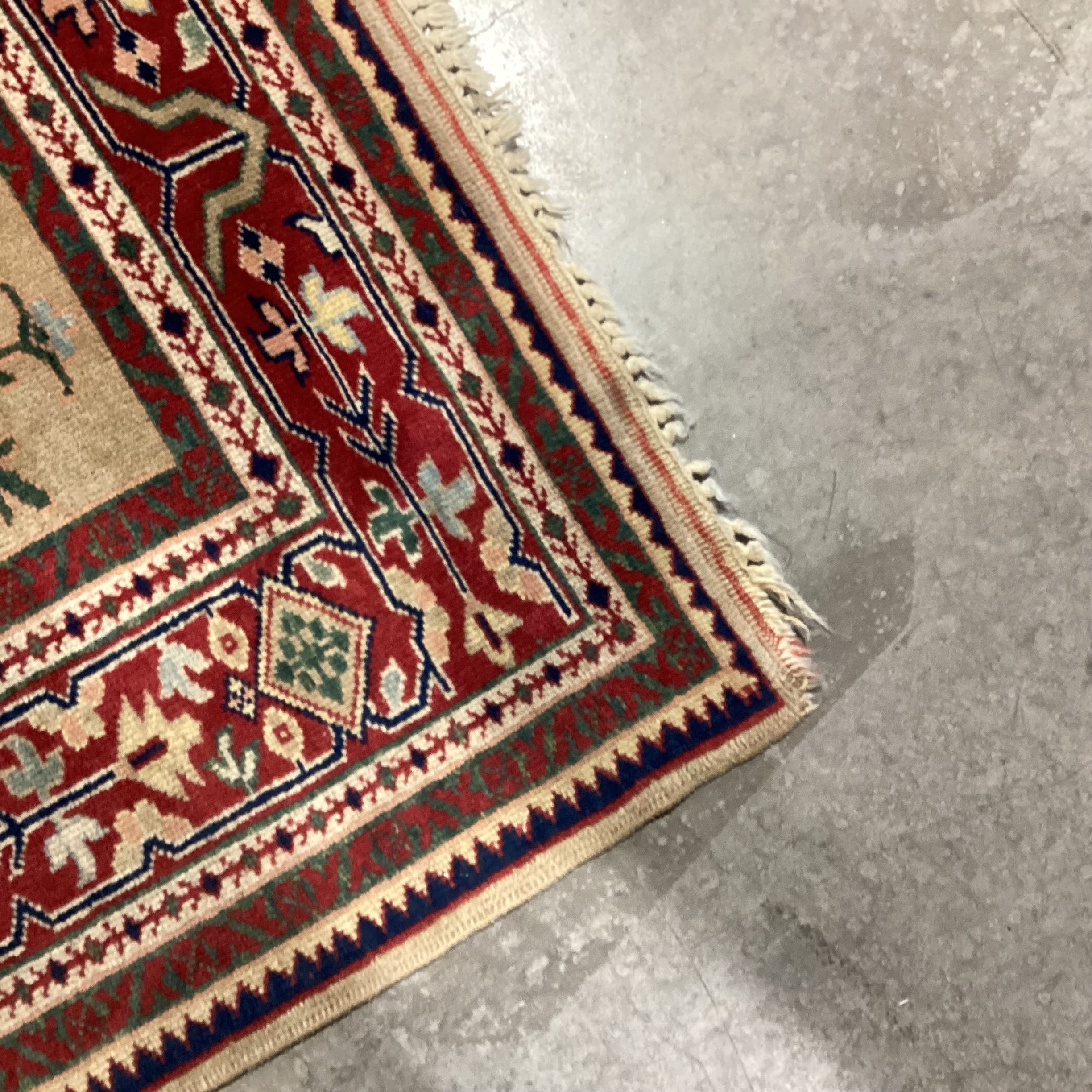 Vintage Beige Tan Red Navy Hand Woven Wool Rug 6'7" x 9'