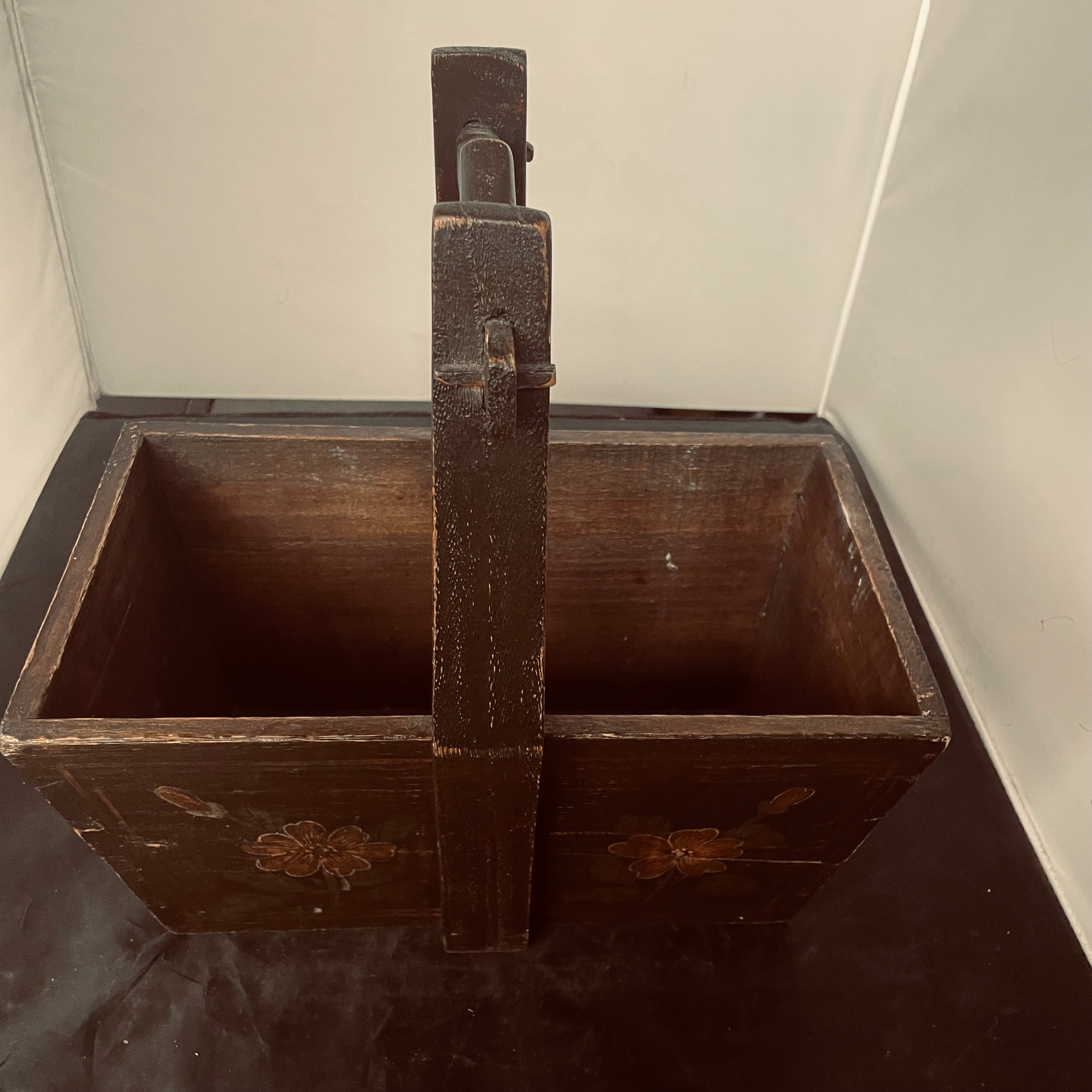 Antique Chinese Handpainted Flowers/Birds Elm Wood Rice/Grain Basket, 14"x 8"x 15"