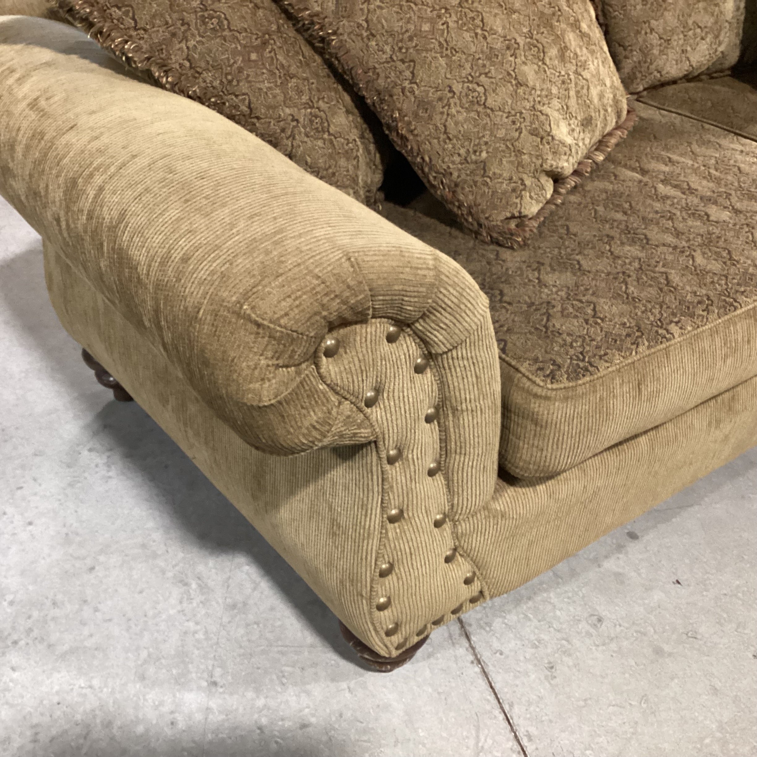 Golden Olive with Reversible Patterned Cushions & Back Pillows Roll Arm Nailhead Sofa 97"x 40"x 30"