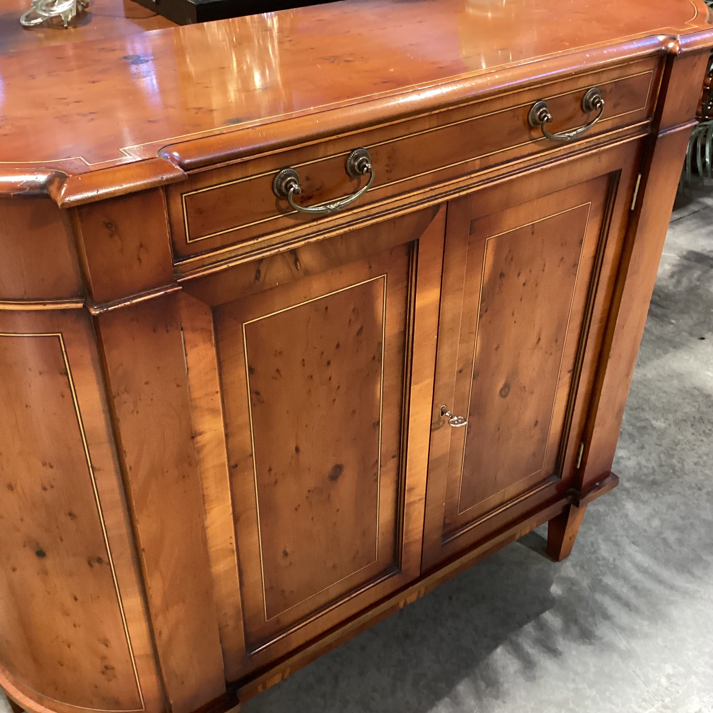 Antique Inspired Bow Front Burl or Birdseye Veneer & Decorative Inlay Lines 2 Door with Drawer Console 48"x 15.5"x 38.5"