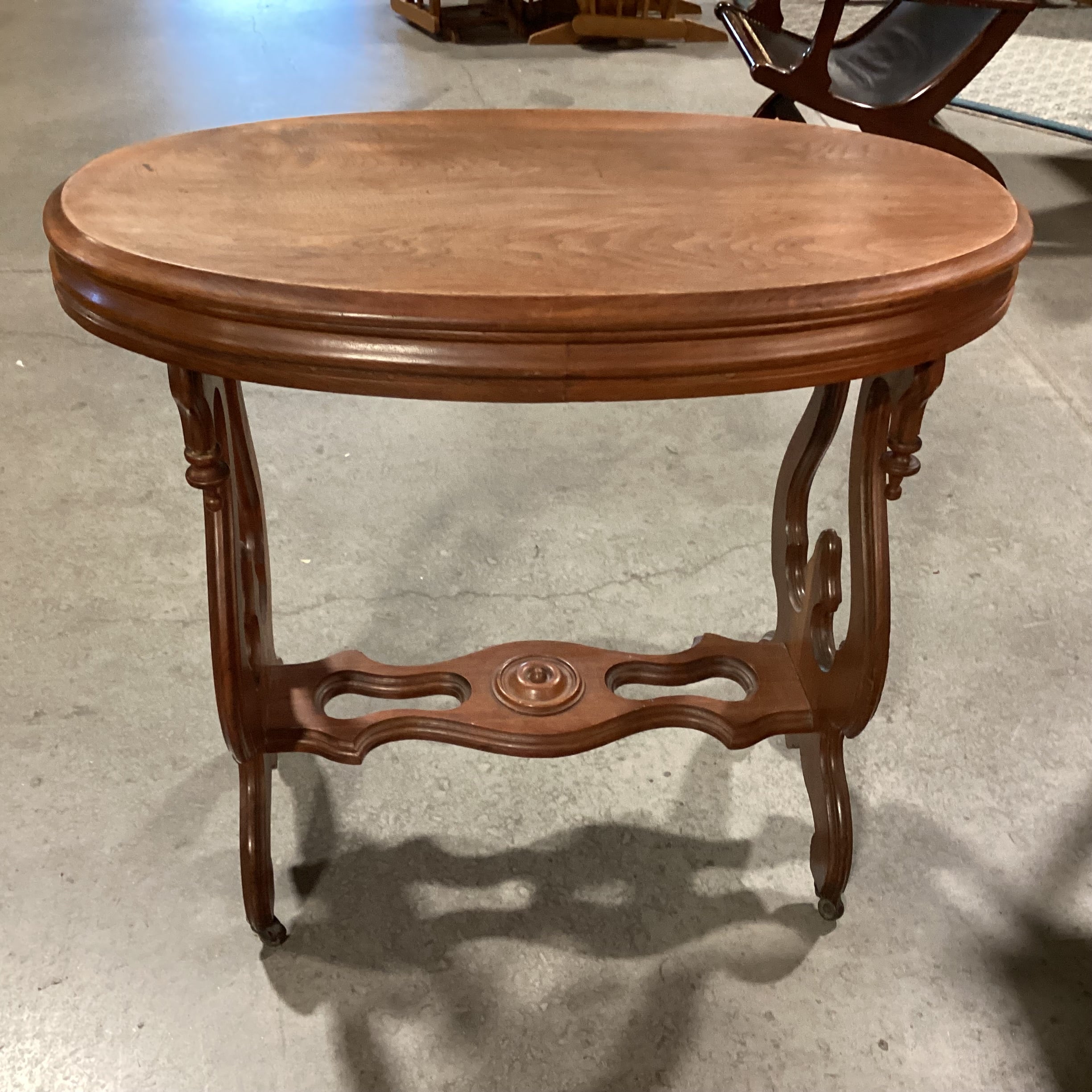 Antique Ornate Carved Sides & Trestle on Casters Oval Accent Table 33"x 19"x 30"