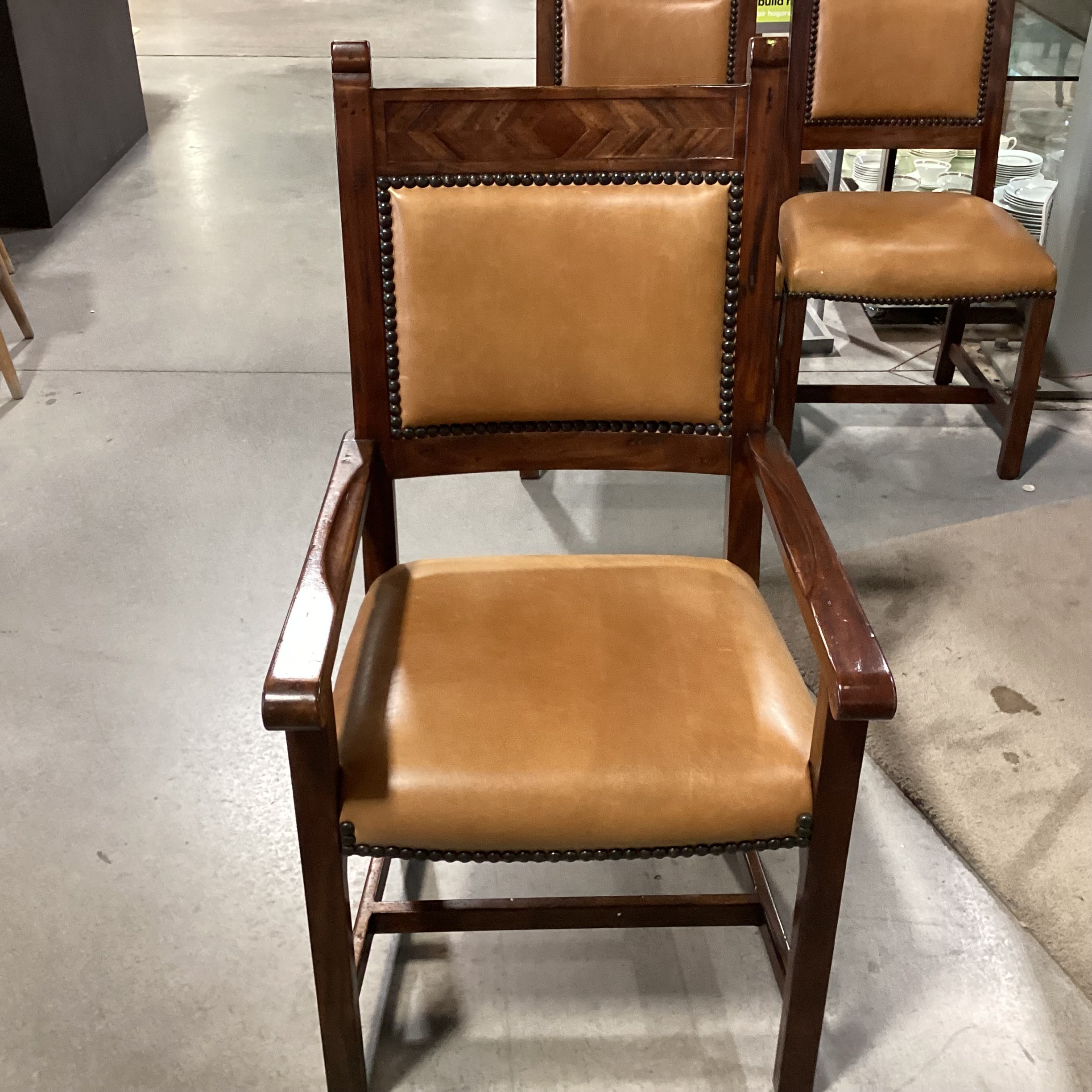 Theodore Alexander Rustic Distressed Trestle Table & 10 Leather Nailhead Carved Wood Chairs Dining Set 108"x 44"x 31"