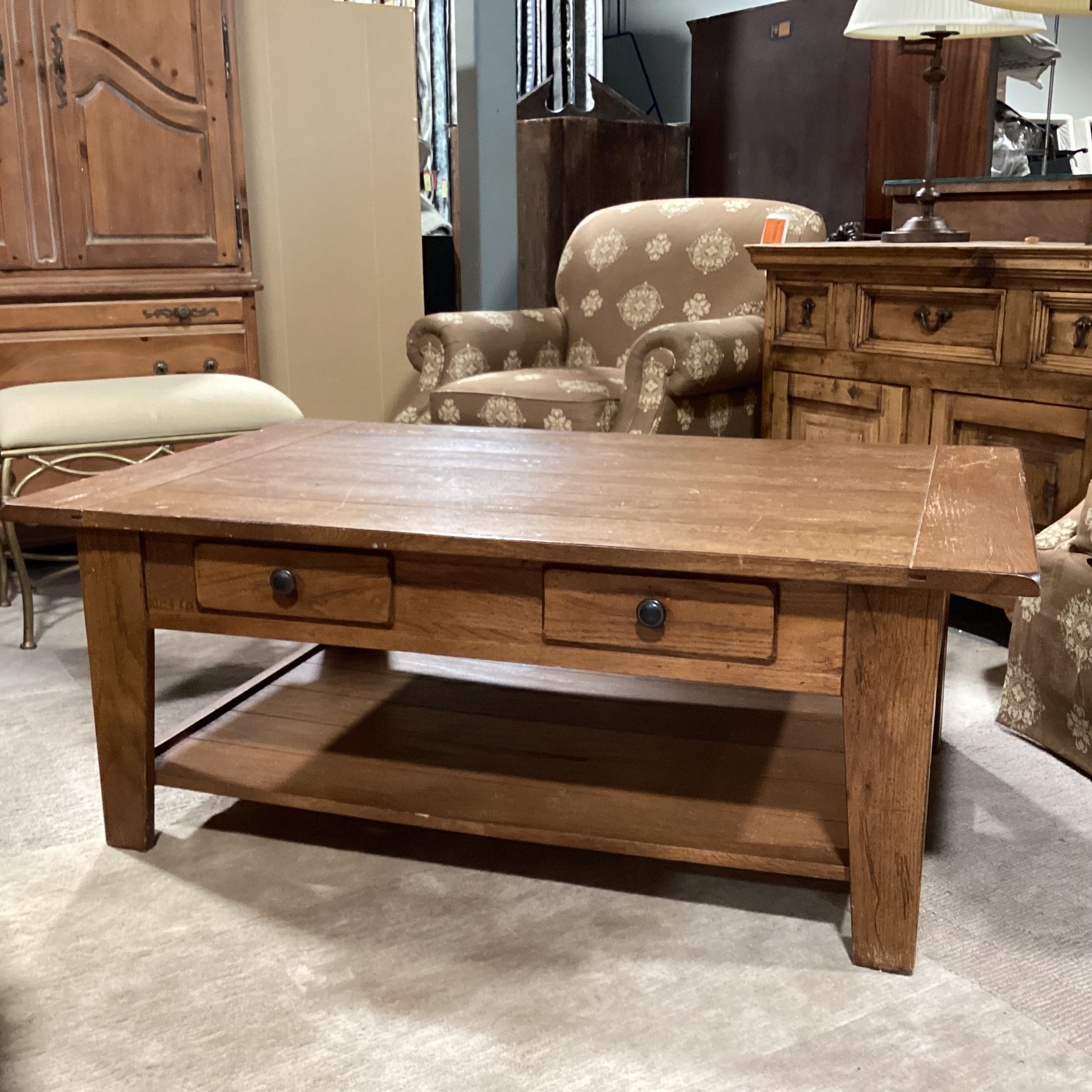 Attic Heirlooms by Broyhill Distressed Finish Wood 2 Drawer with Bottom Shelf Coffee Table 50"x 32"x 19.5"