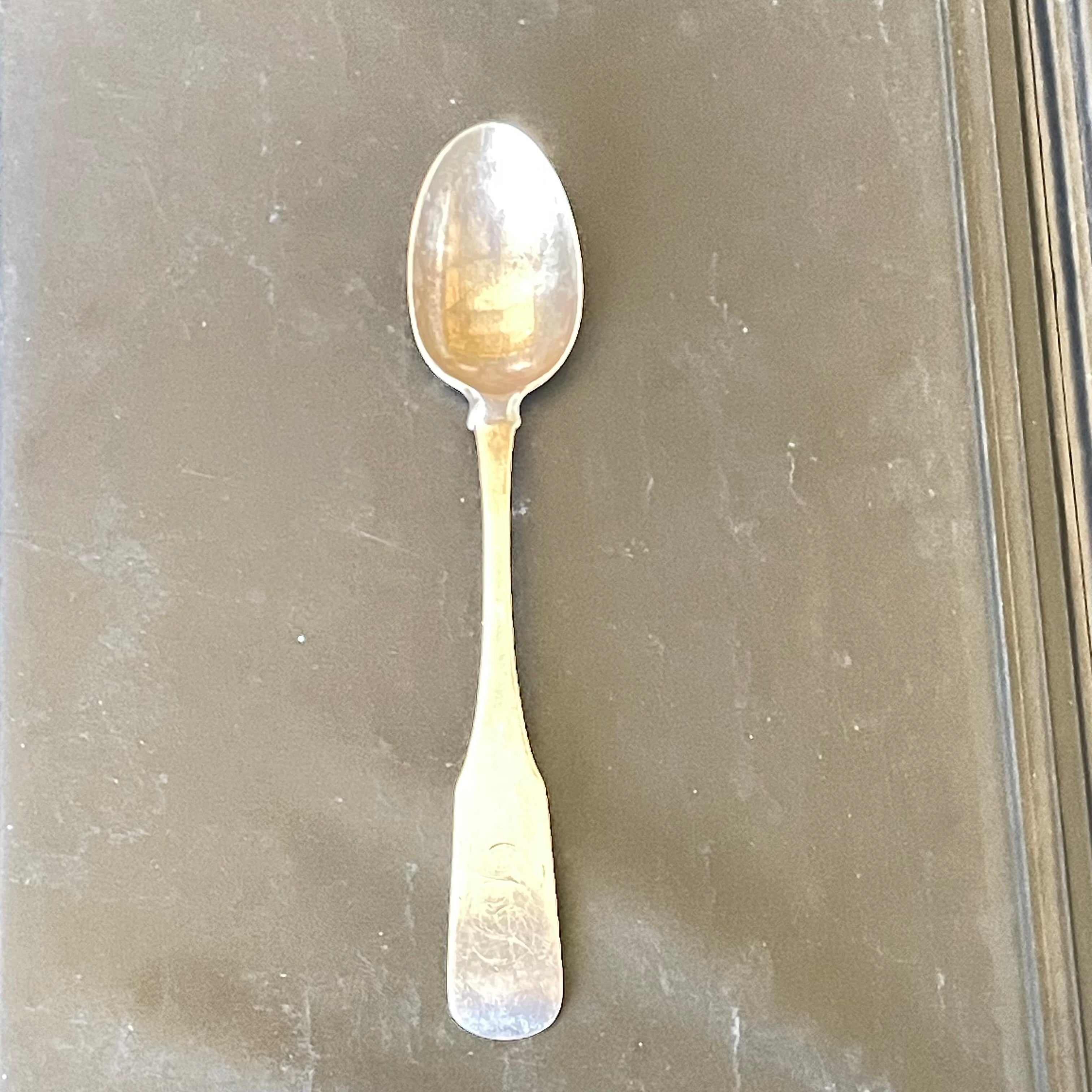 Antique Coin Silver Fiddleback Serving Spoon, 8.25"