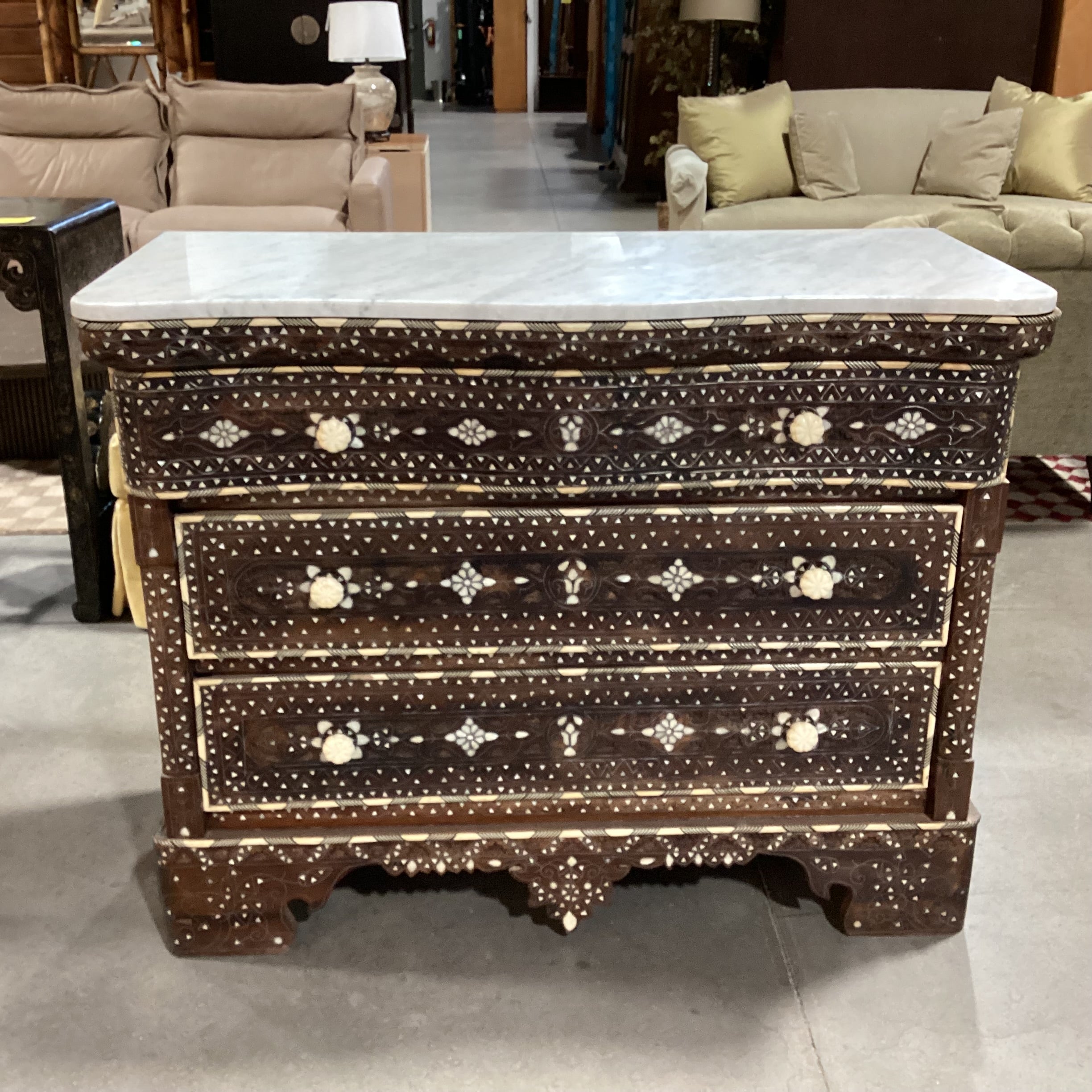 Damascus Carved Wood Mother of Pearl Inlay & Marble Top Wedding Chest 45.5"x 20.5"x 37"