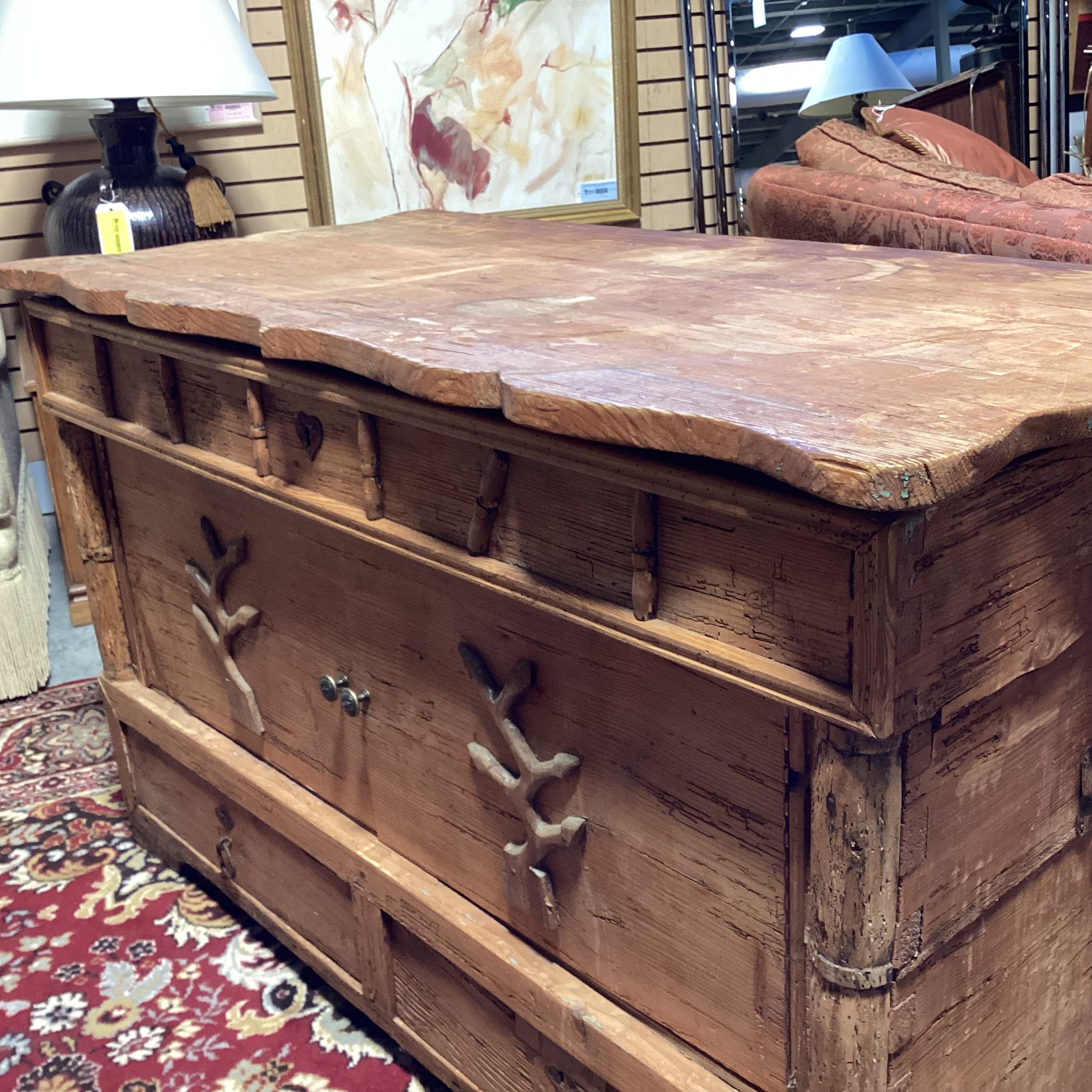 Antique Carved Pine with Repurposed Drawers Chest Trunk 52"x 28"x 33"