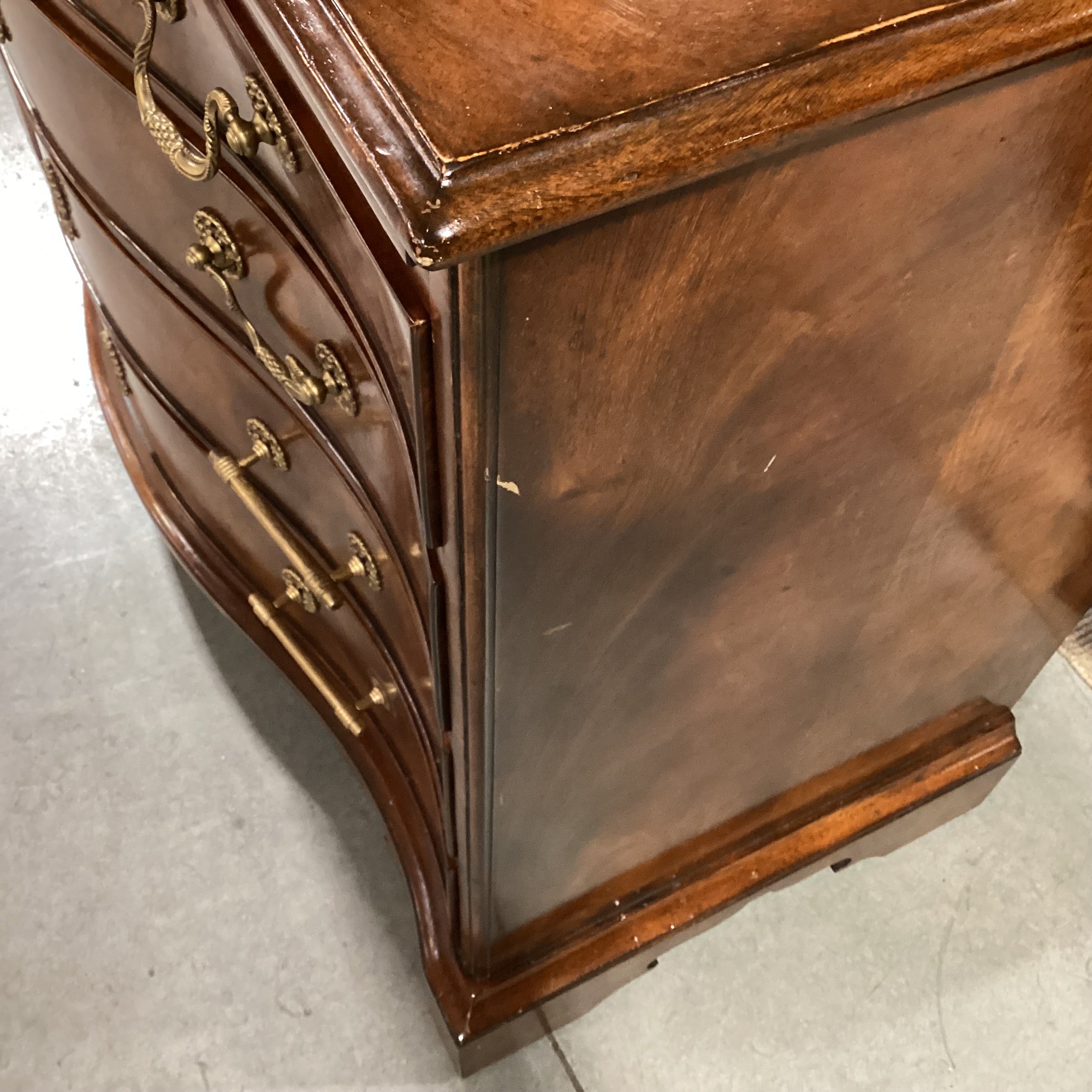 Theodore Alexander Flamed Mahogany Veneer & Carved Wood Ornate Brass Accent with Leather Top Pullout 4 Drawer Chest 42.5"x 18.5"x 32"